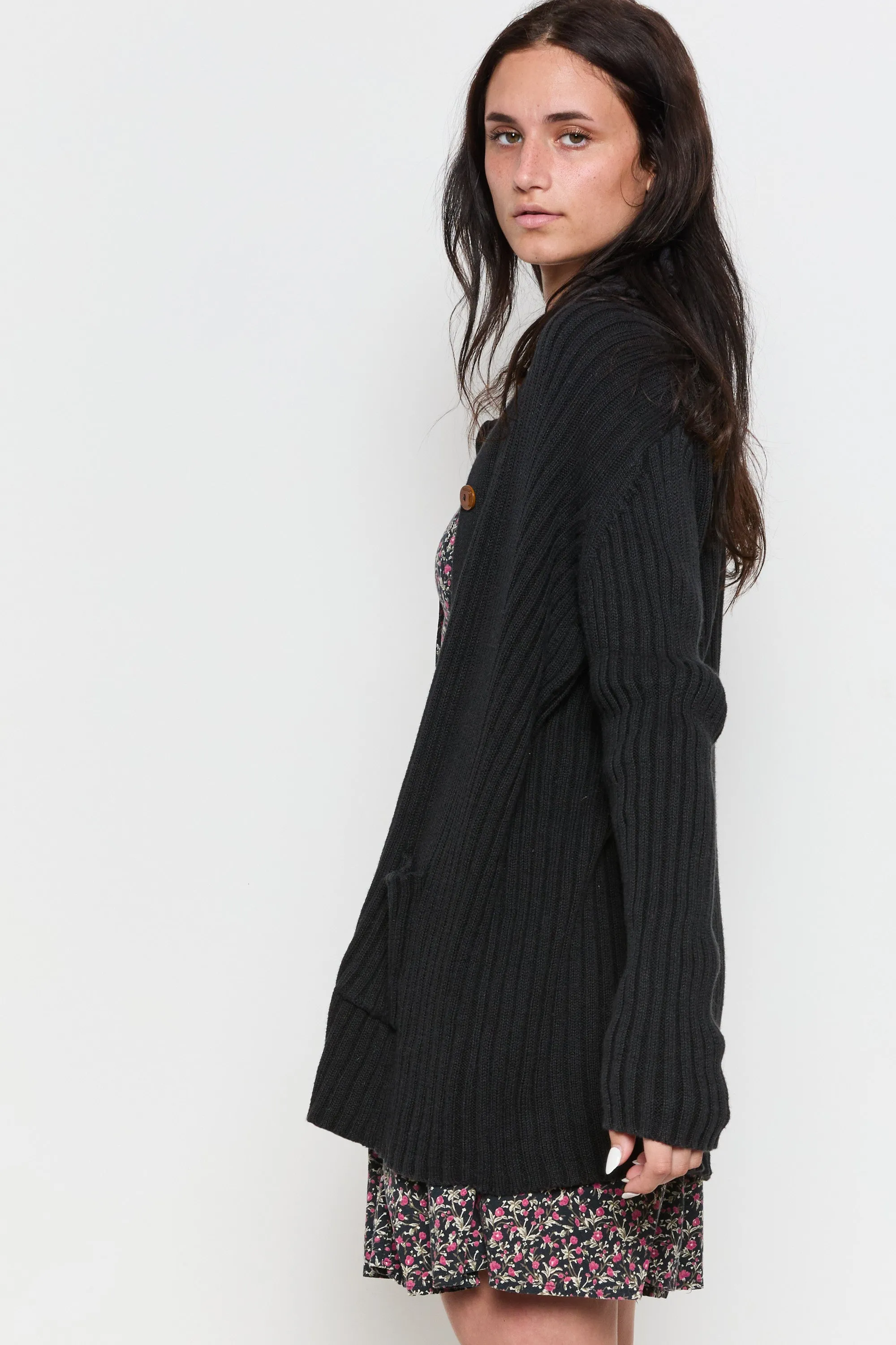 90s Ink Ribbed Wooden Button Cardigan XL