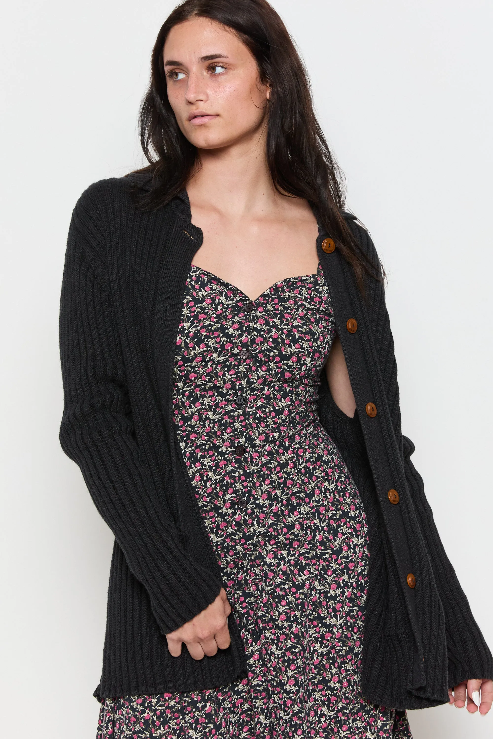 90s Ink Ribbed Wooden Button Cardigan XL