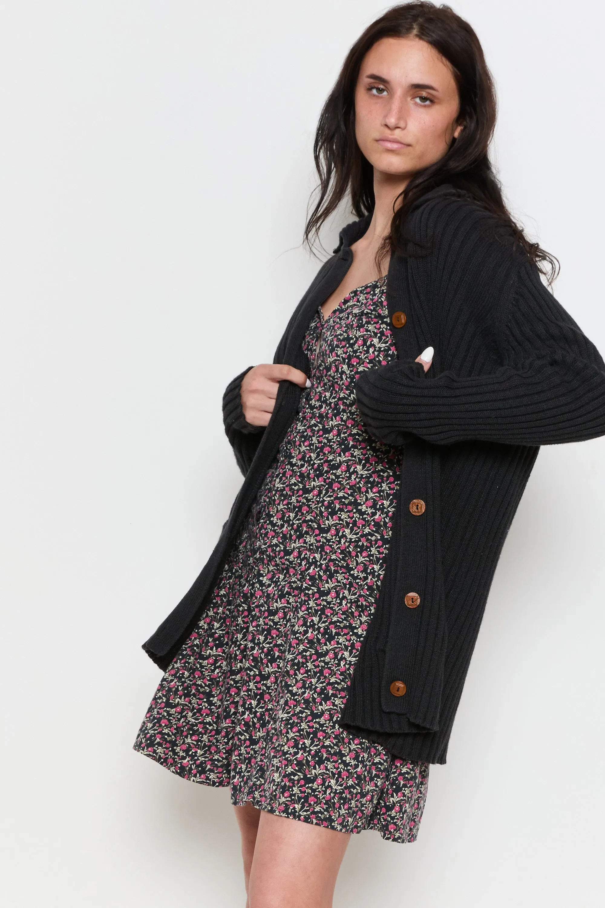 90s Ink Ribbed Wooden Button Cardigan XL