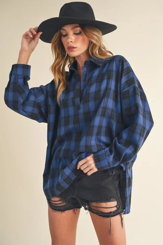 Aemi   Co Side Slit High-Low Plaid Long Sleeve Polo Shirt