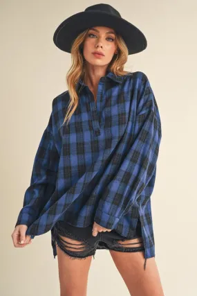 Aemi   Co Side Slit High-Low Plaid Long Sleeve Polo Shirt