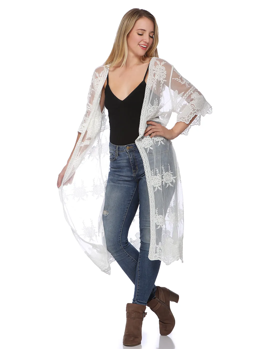 Anna-Kaci Women's Long Embroidered Floral Butterfly Kimono Cover Up Cardigan