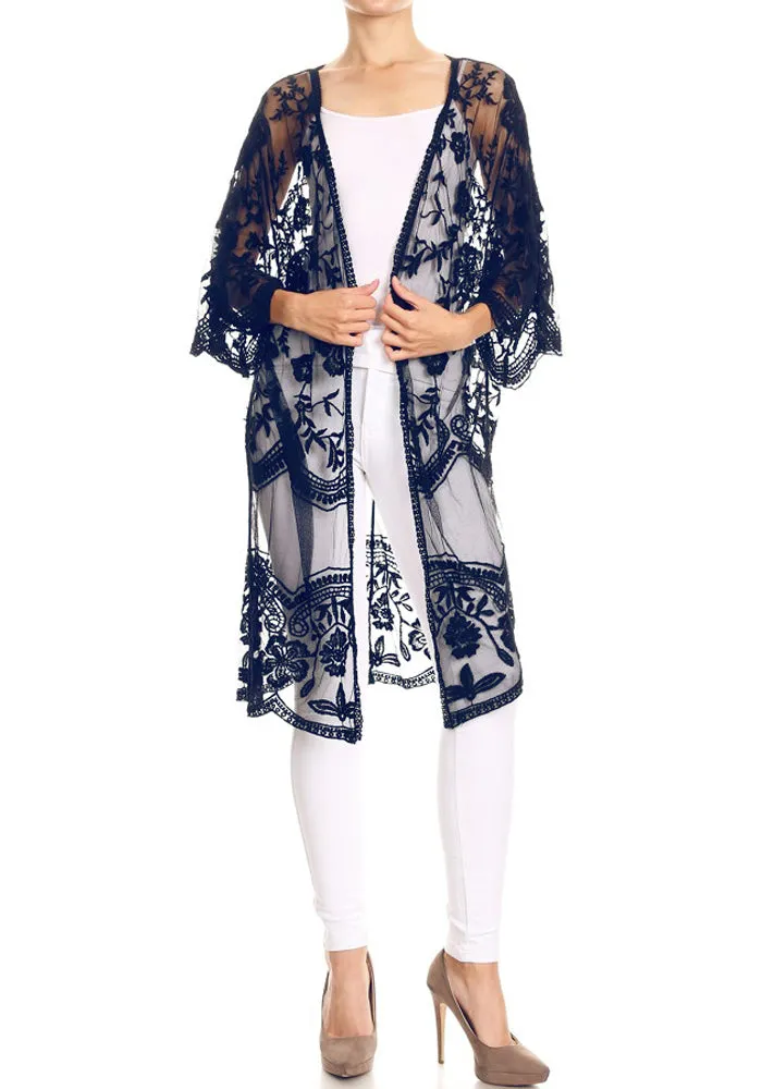 Anna-Kaci Women's Long Embroidered Floral Butterfly Kimono Cover Up Cardigan