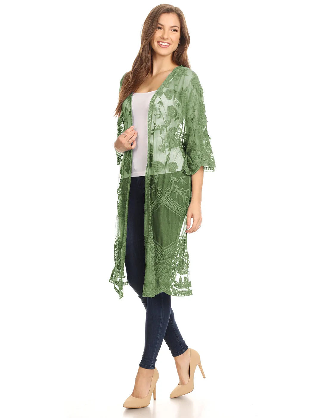 Anna-Kaci Women's Long Embroidered Floral Butterfly Kimono Cover Up Cardigan