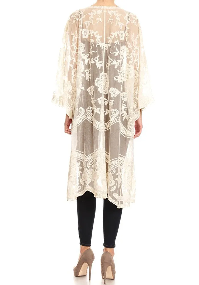 Anna-Kaci Women's Long Embroidered Floral Butterfly Kimono Cover Up Cardigan