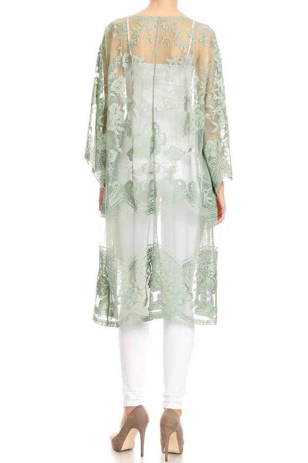 Anna-Kaci Women's Long Embroidered Floral Butterfly Kimono Cover Up Cardigan