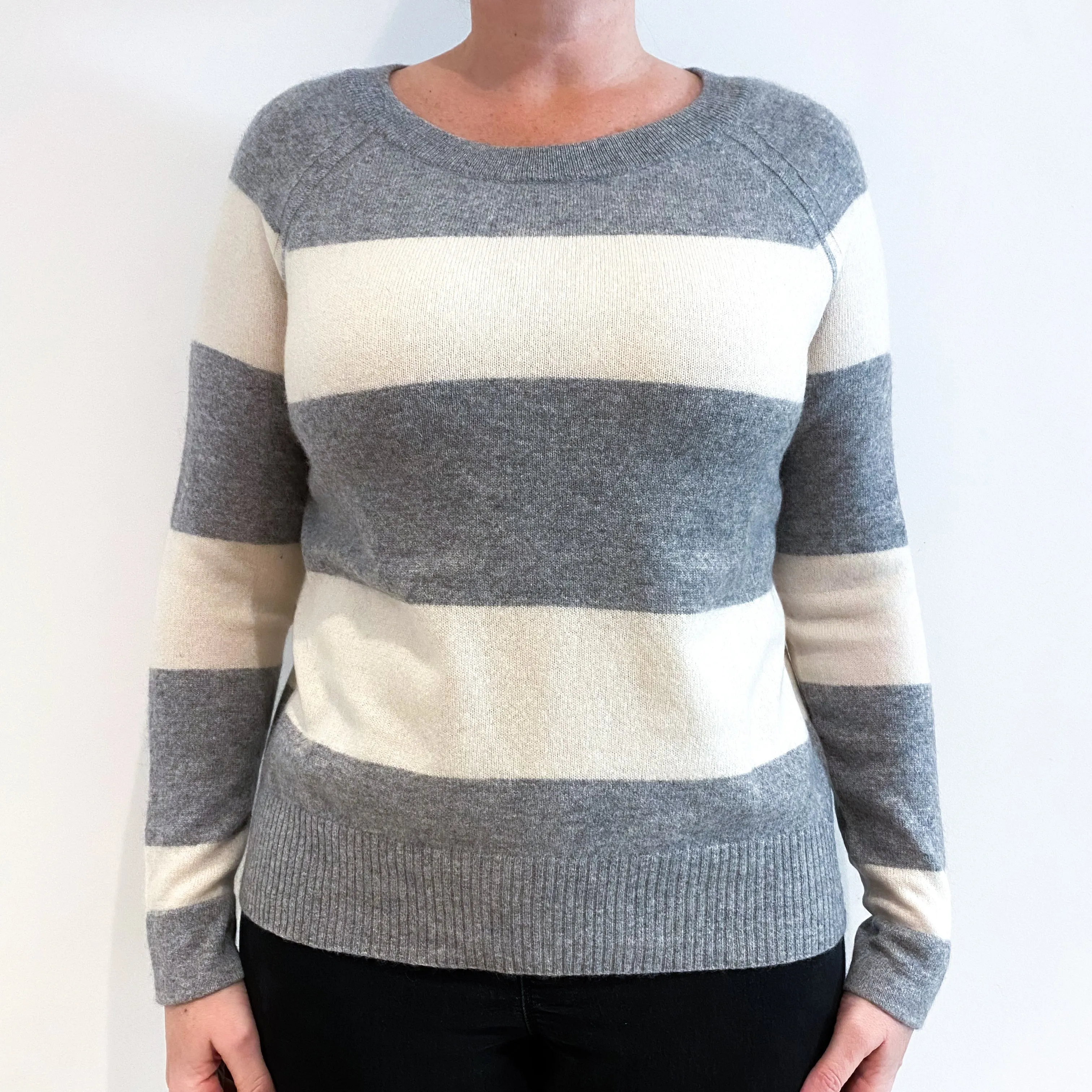 Ash Grey and Warm White Striped Cashmere Wide Crew Neck Jumper Large