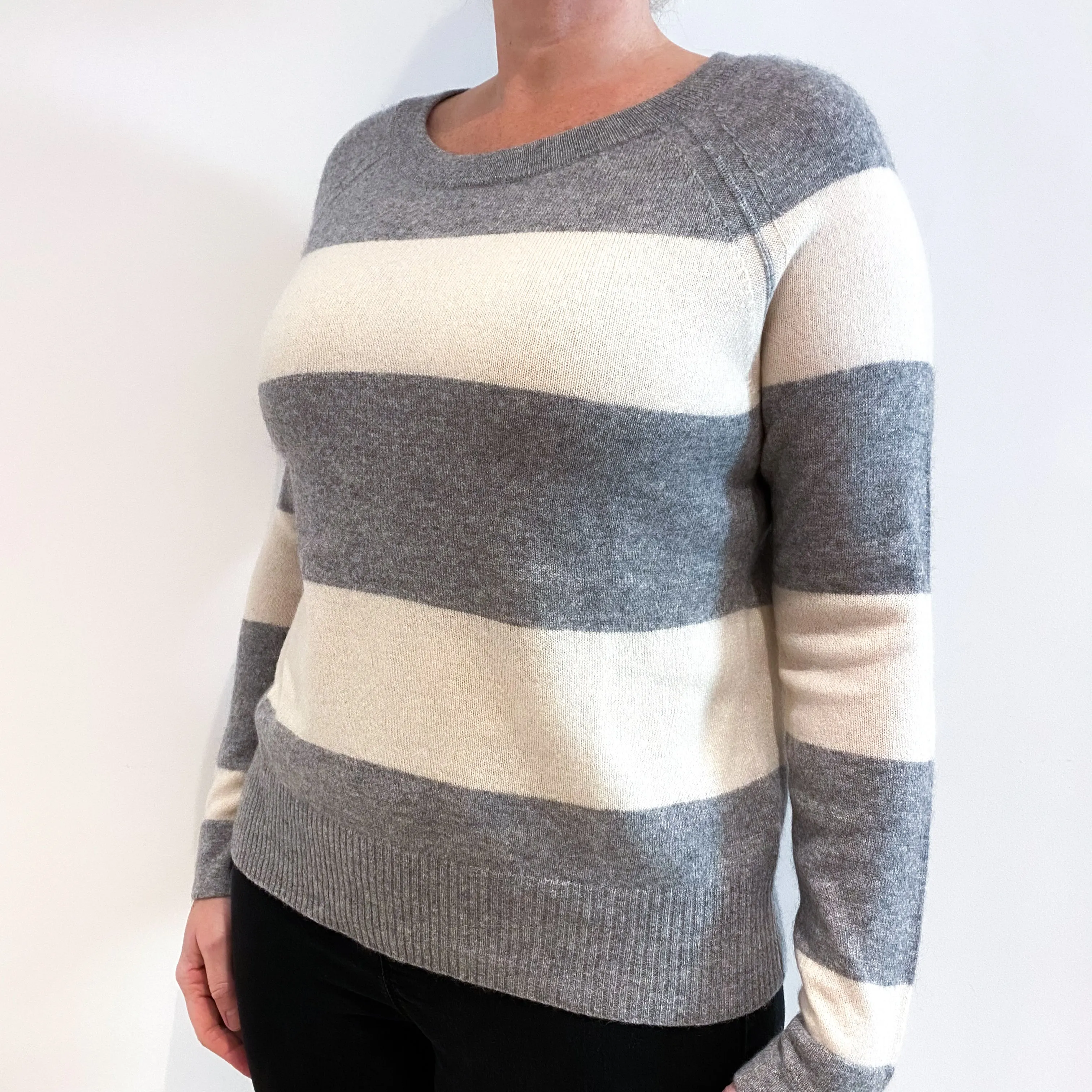 Ash Grey and Warm White Striped Cashmere Wide Crew Neck Jumper Large
