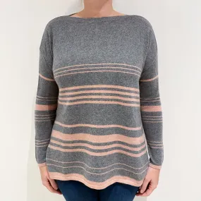 Ash Grey Pink Stripe Cashmere Boat Neck Jumper Large
