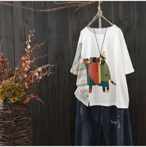 AUTUMN ORGANIC COTTON T SHIRT WITH HAND PAINTED ELEPHANT PRINT
