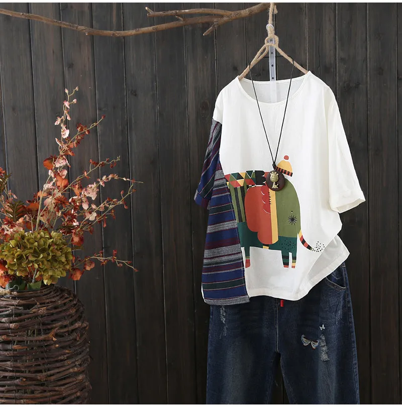 AUTUMN ORGANIC COTTON T SHIRT WITH HAND PAINTED ELEPHANT PRINT