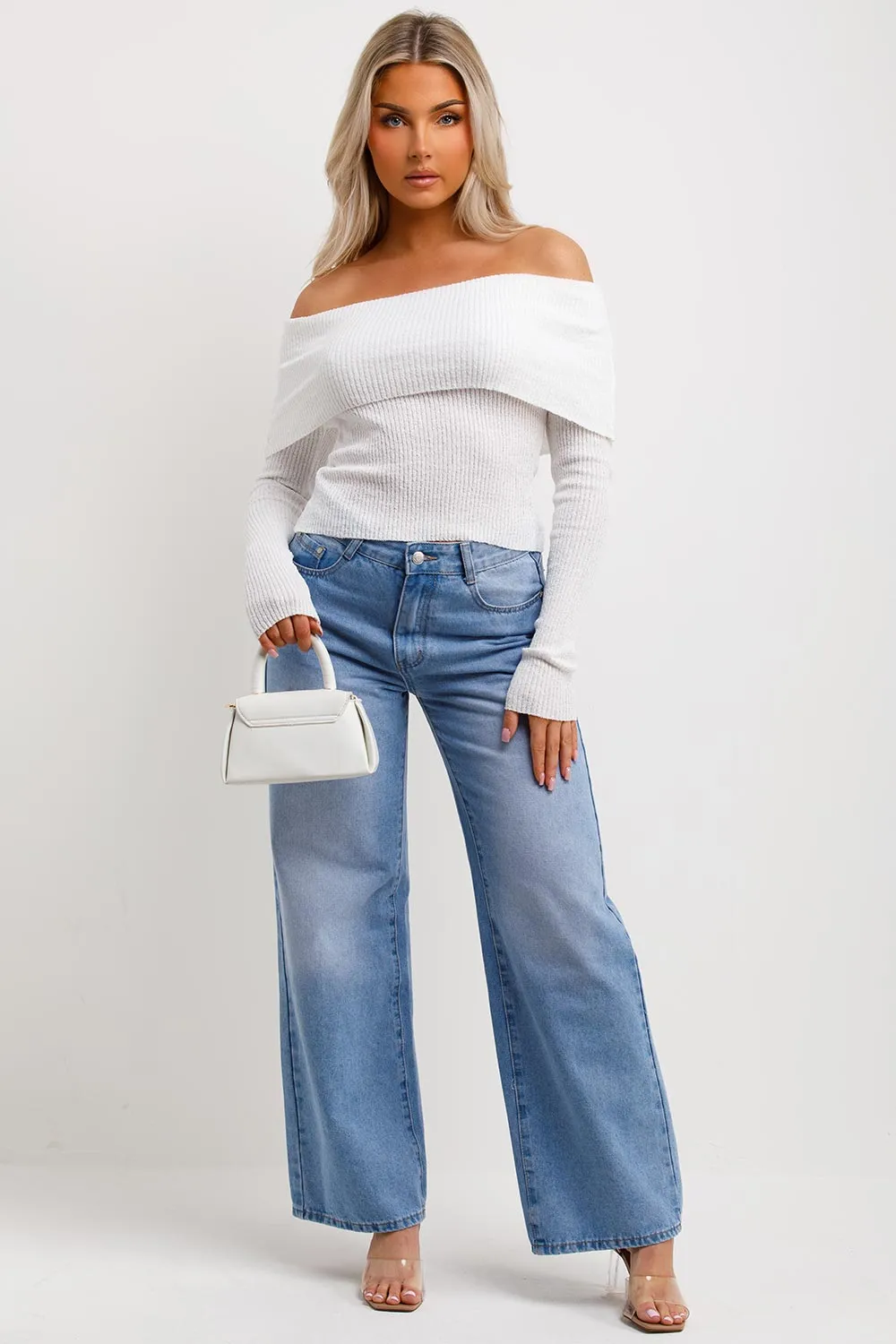 Bardot Jumper With Fold Over Detail White