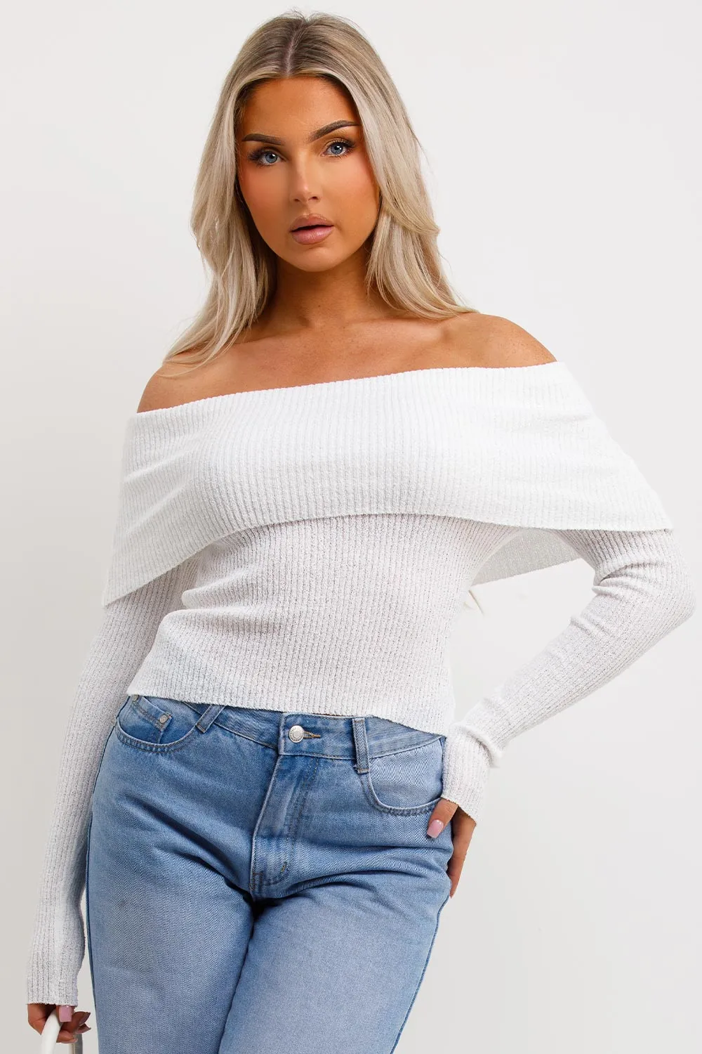 Bardot Jumper With Fold Over Detail White