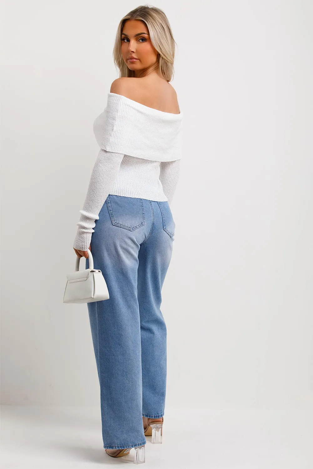 Bardot Jumper With Fold Over Detail White