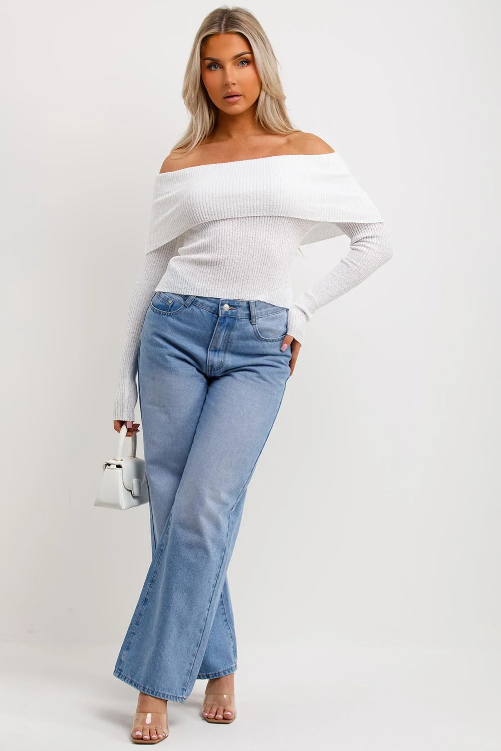 Bardot Jumper With Fold Over Detail White