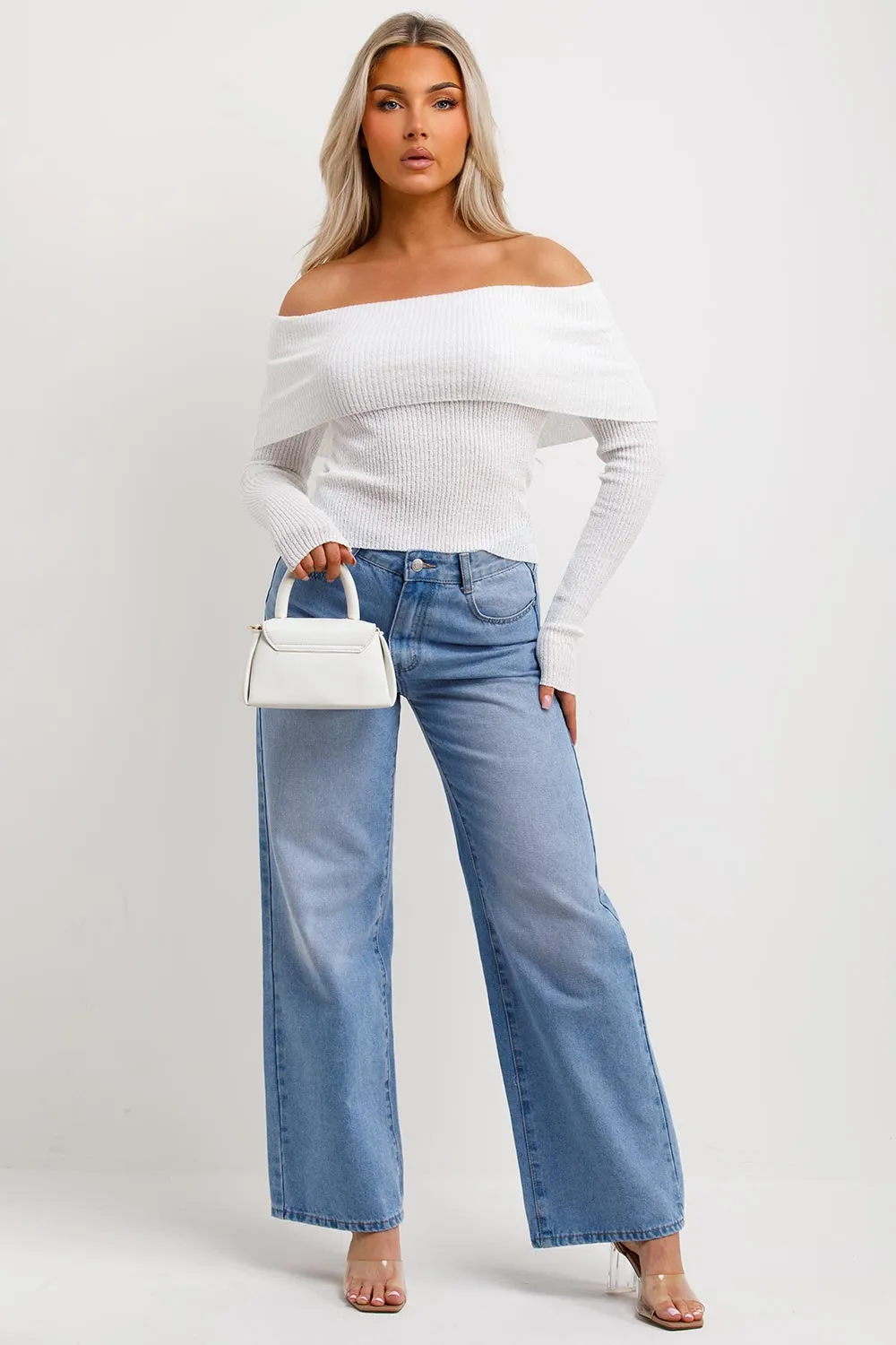 Bardot Jumper With Fold Over Detail White
