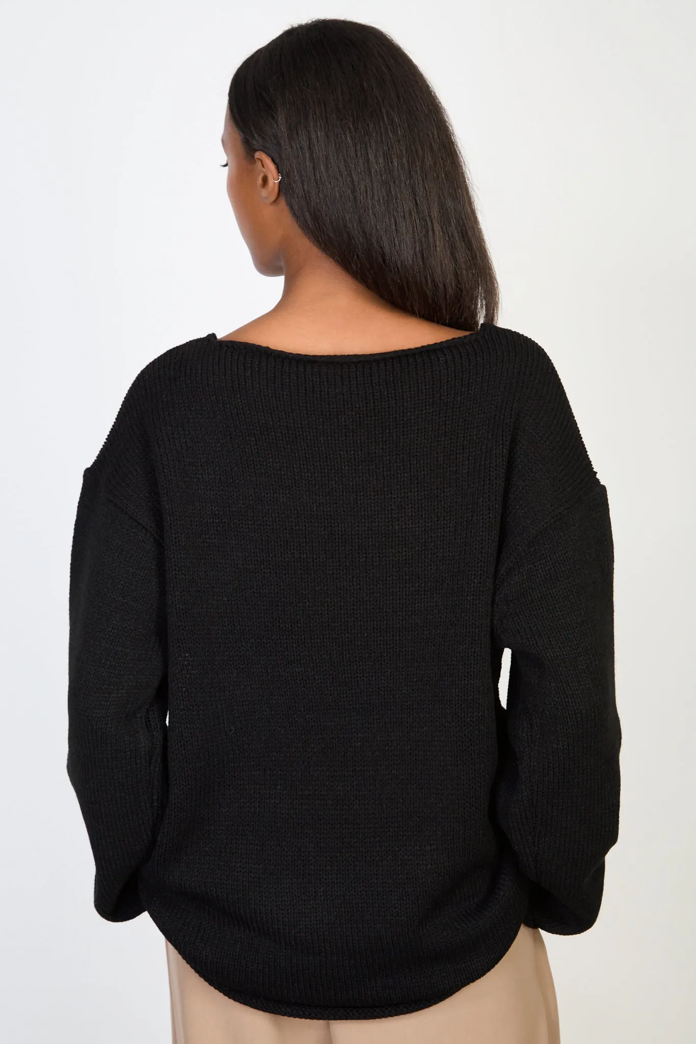 Black boat neck long roll hem jumper