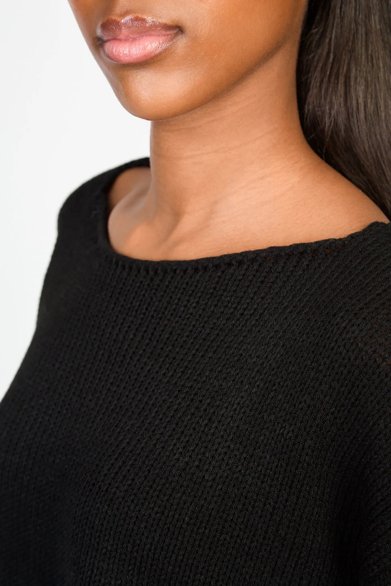 Black boat neck long roll hem jumper