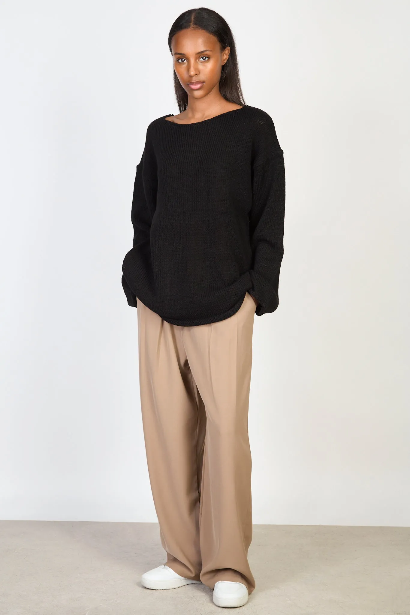 Black boat neck long roll hem jumper