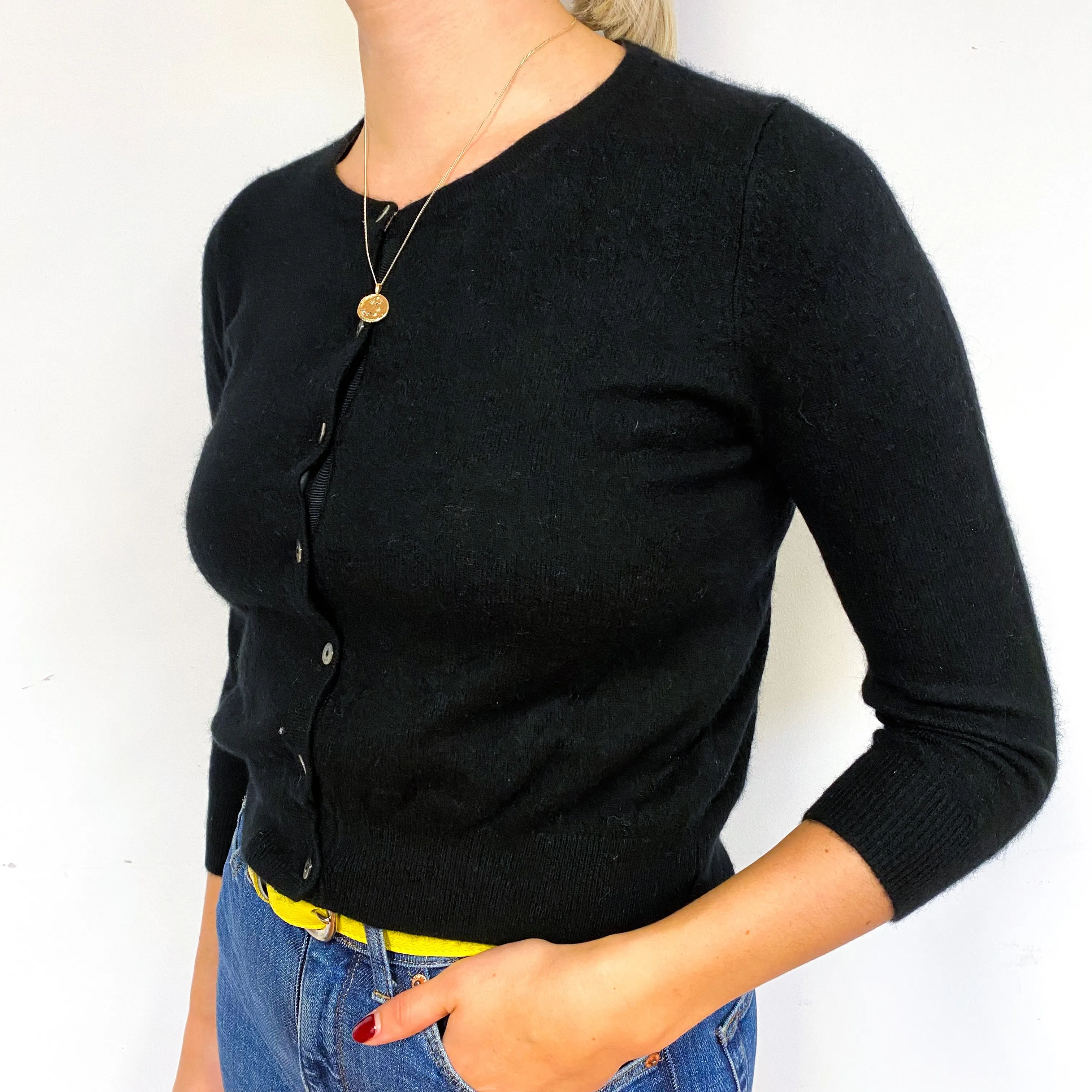 Black Cropped Cashmere Crew Neck Cardigan Small