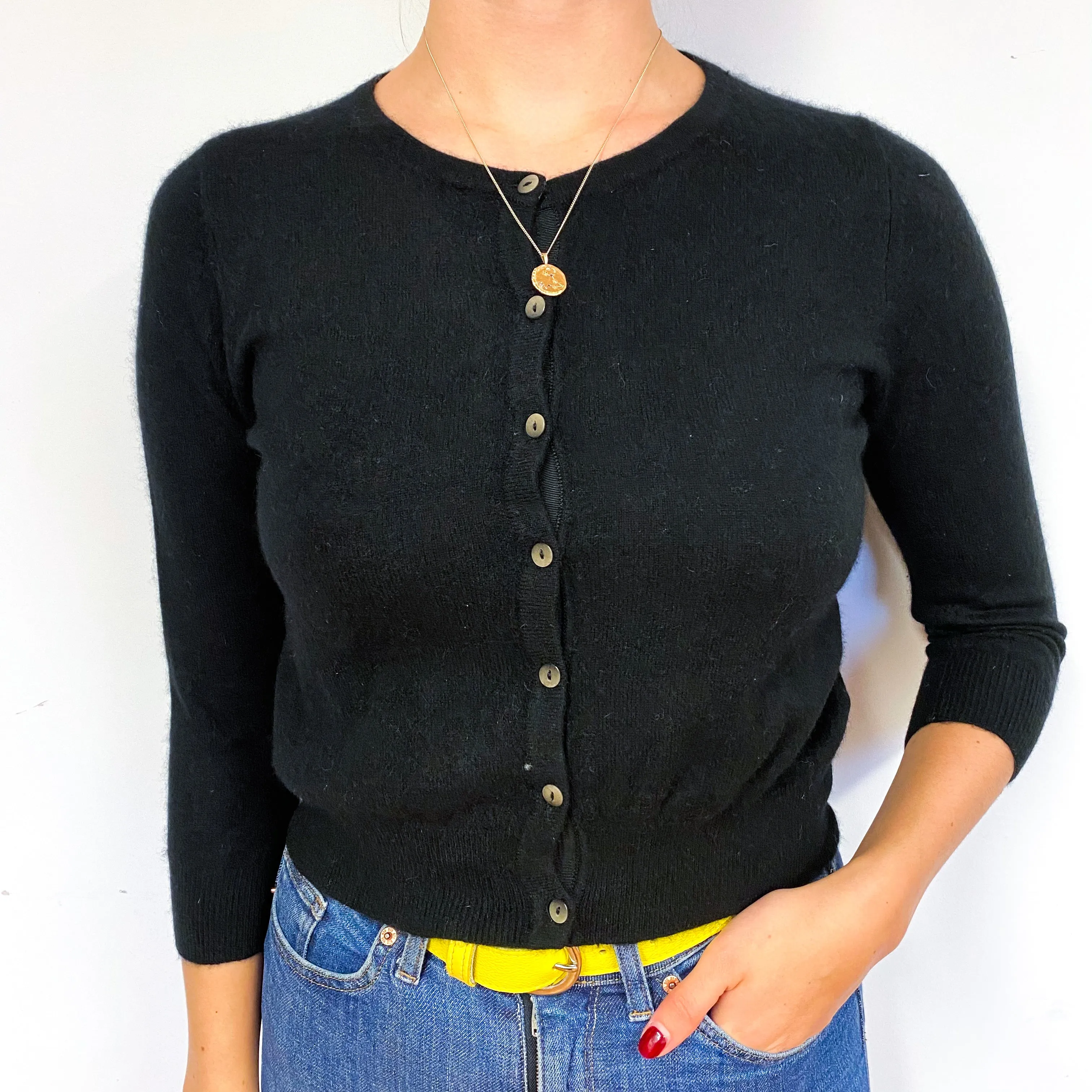 Black Cropped Cashmere Crew Neck Cardigan Small