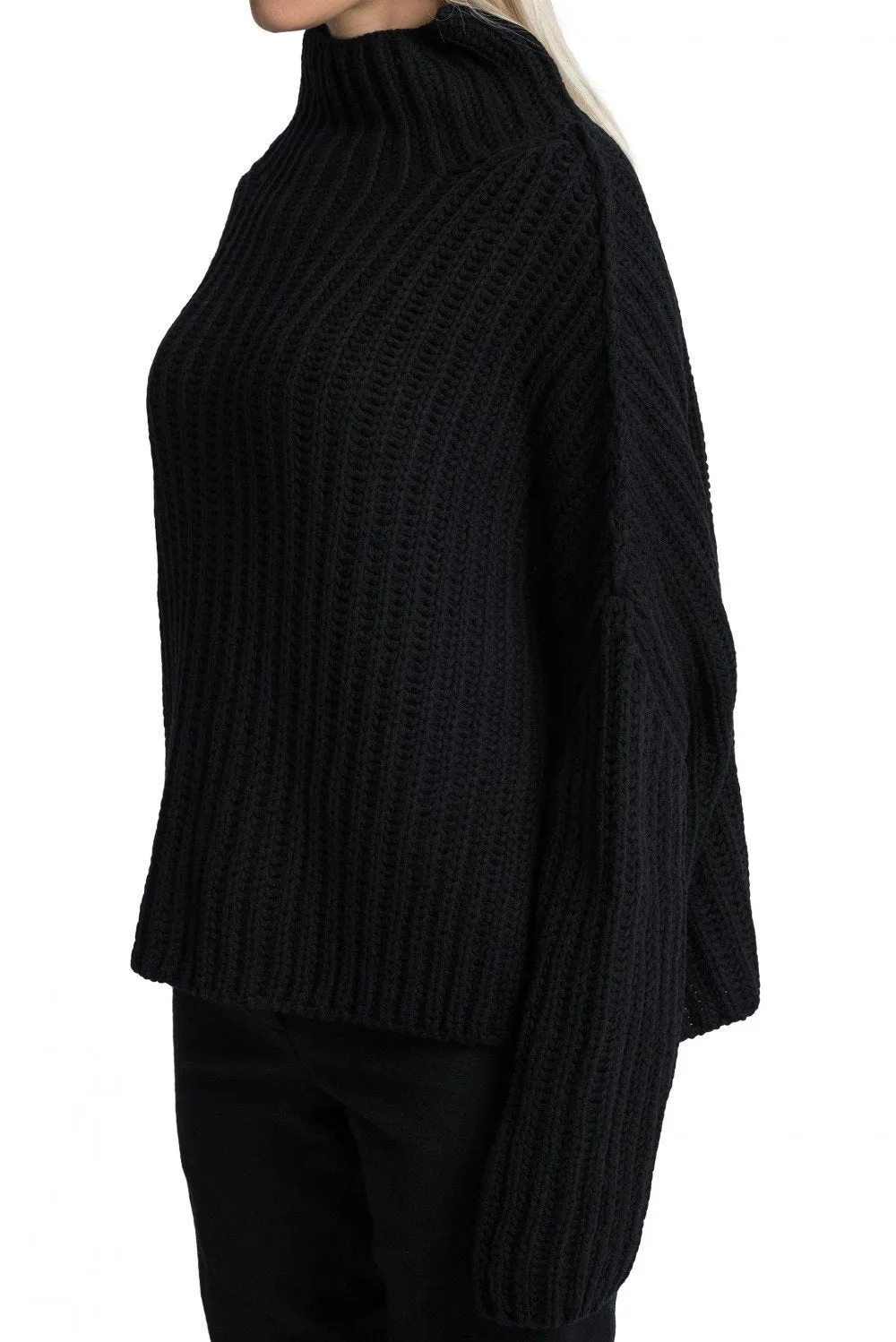 Black Fisherman Rib High Neck Jumper