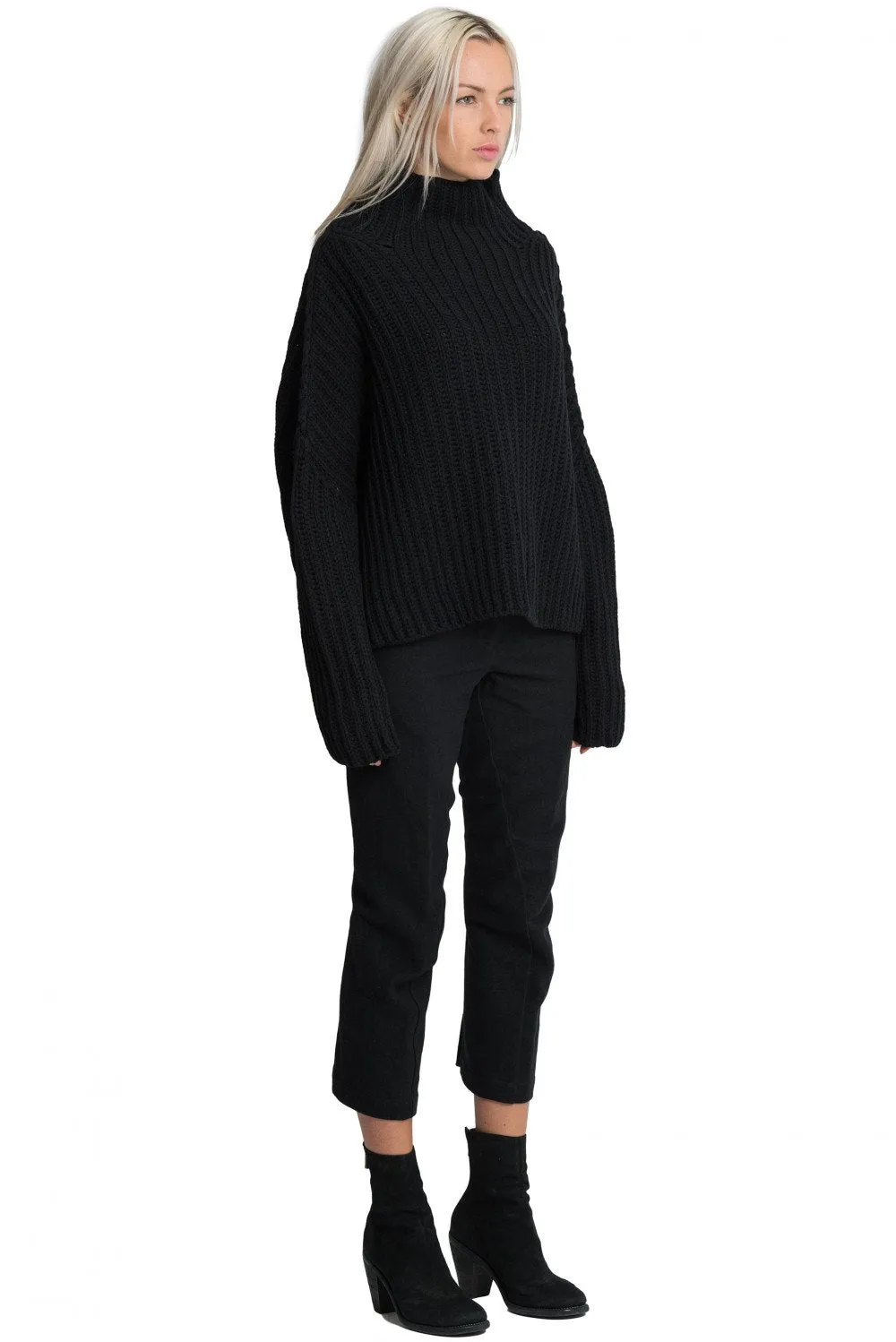 Black Fisherman Rib High Neck Jumper