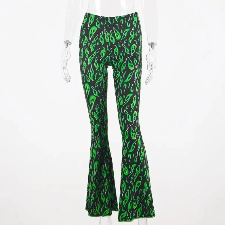 Black Neon Greent Flare Long Pants