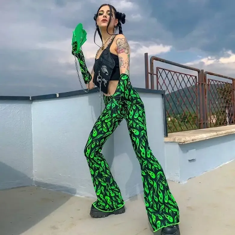 Black Neon Greent Flare Long Pants