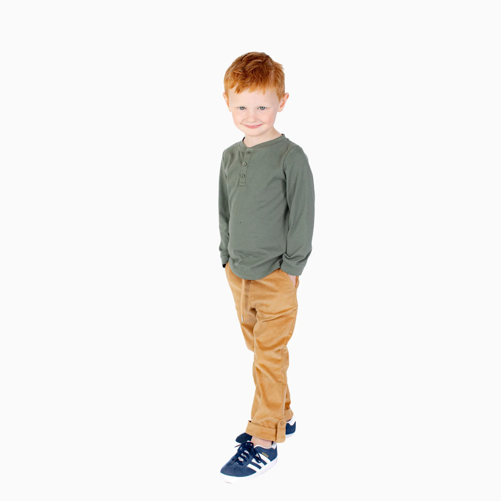 Boys' Long Sleeve Henley in Dark Green