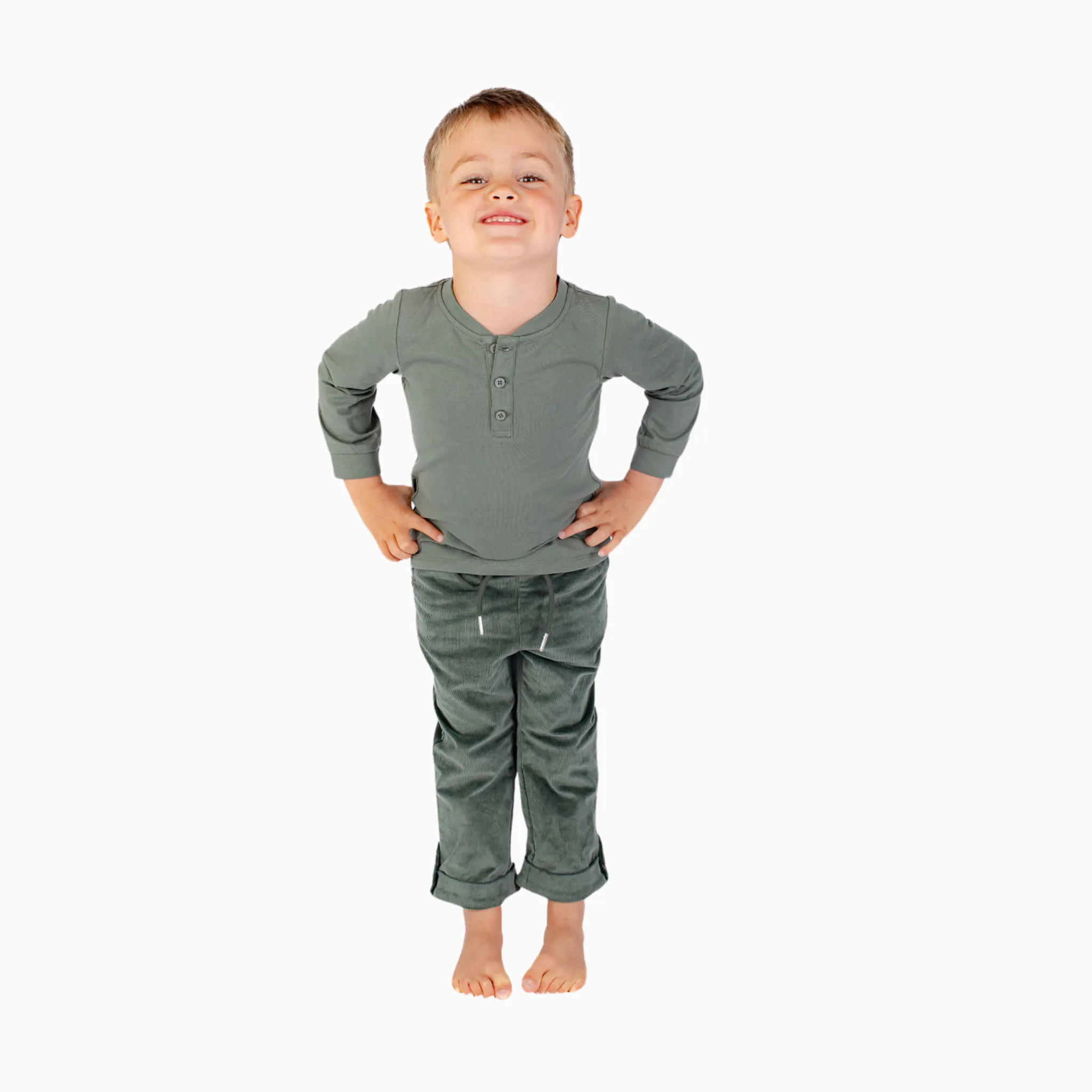 Boys' Long Sleeve Henley in Dark Green