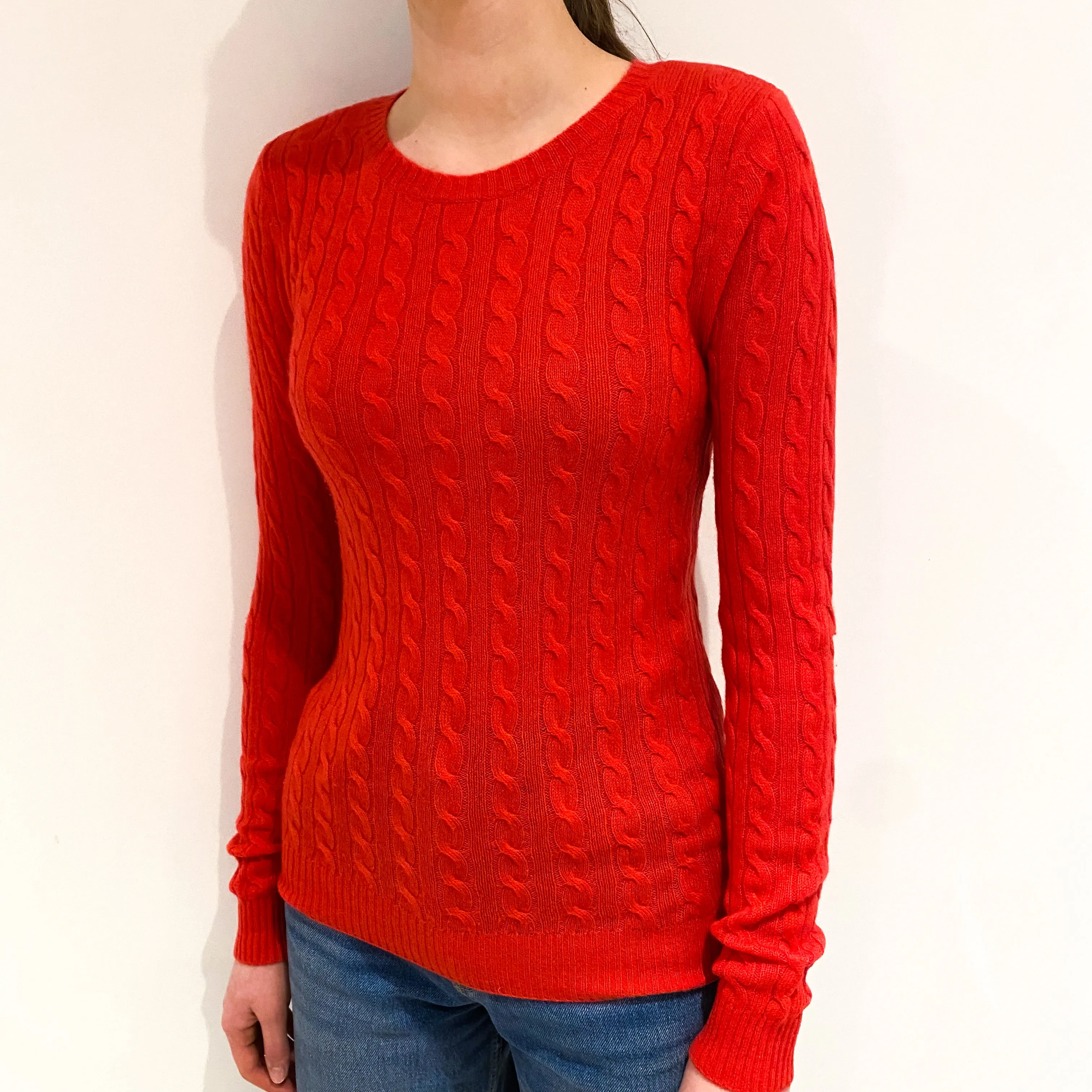 Bright Coral Cable Knit Crew Neck Jumper Extra Small