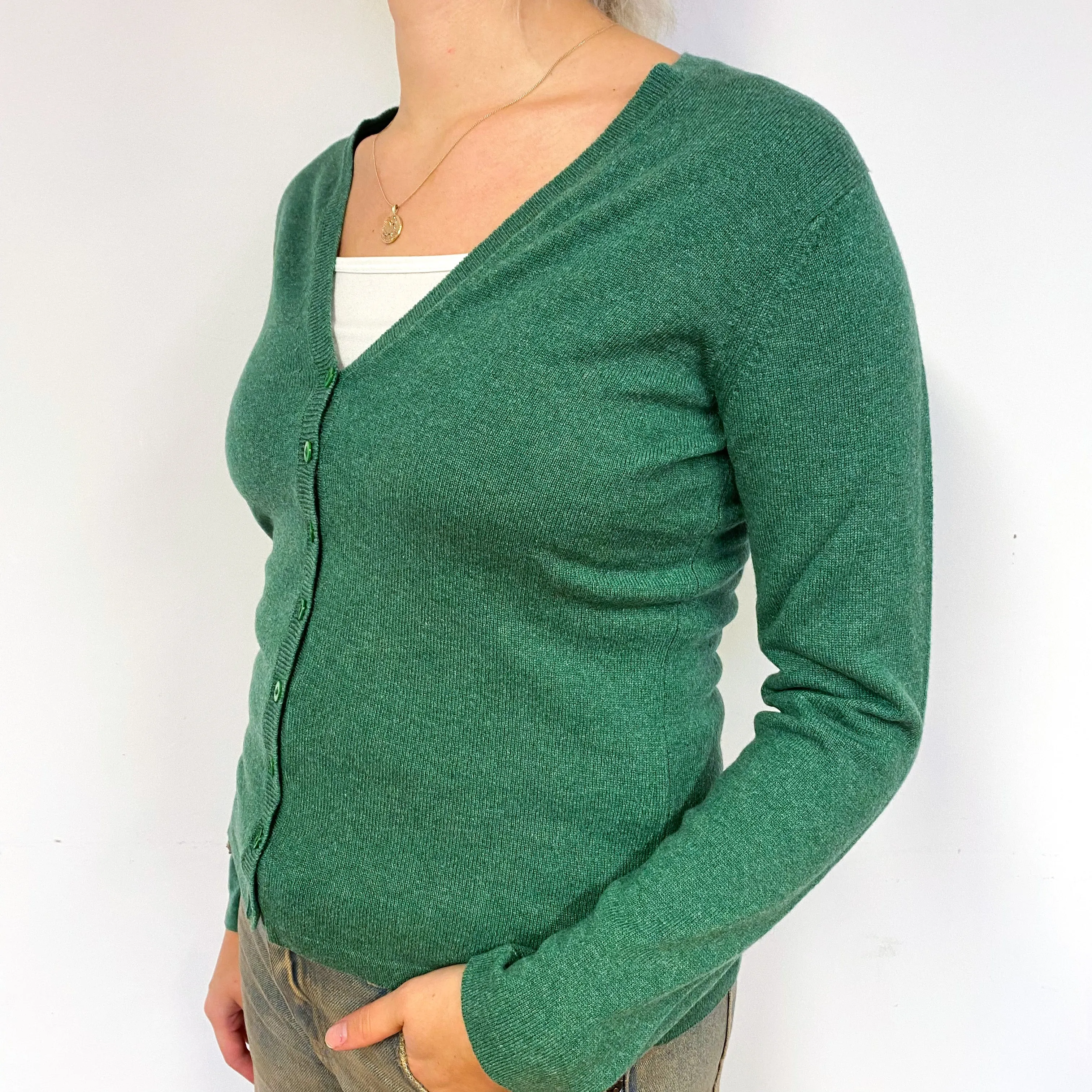 Brora Grass Green Cashmere V-Neck Cardigan Small