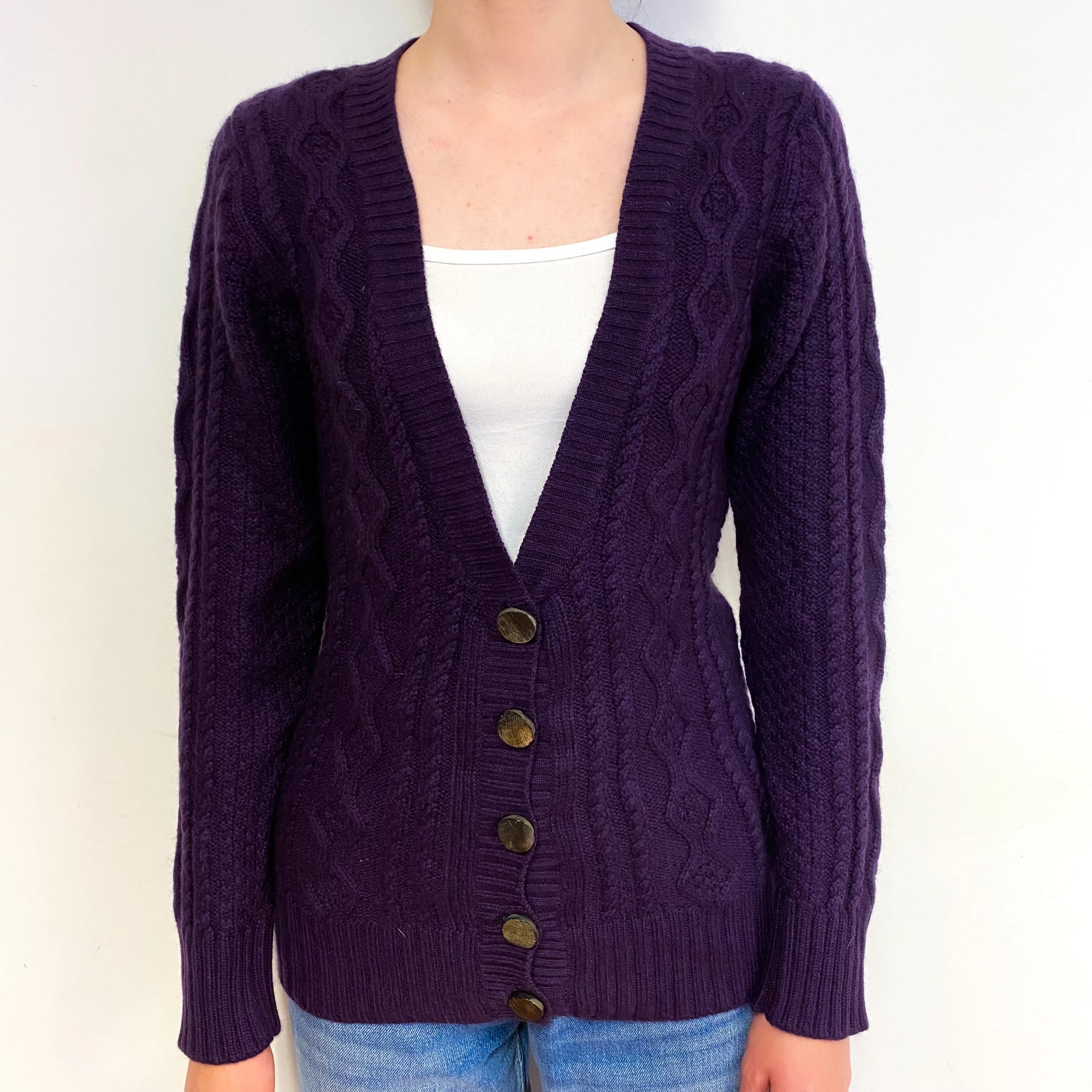 Brora Iris Purple Chunky Cashmere V-Neck Cardigan Extra Small