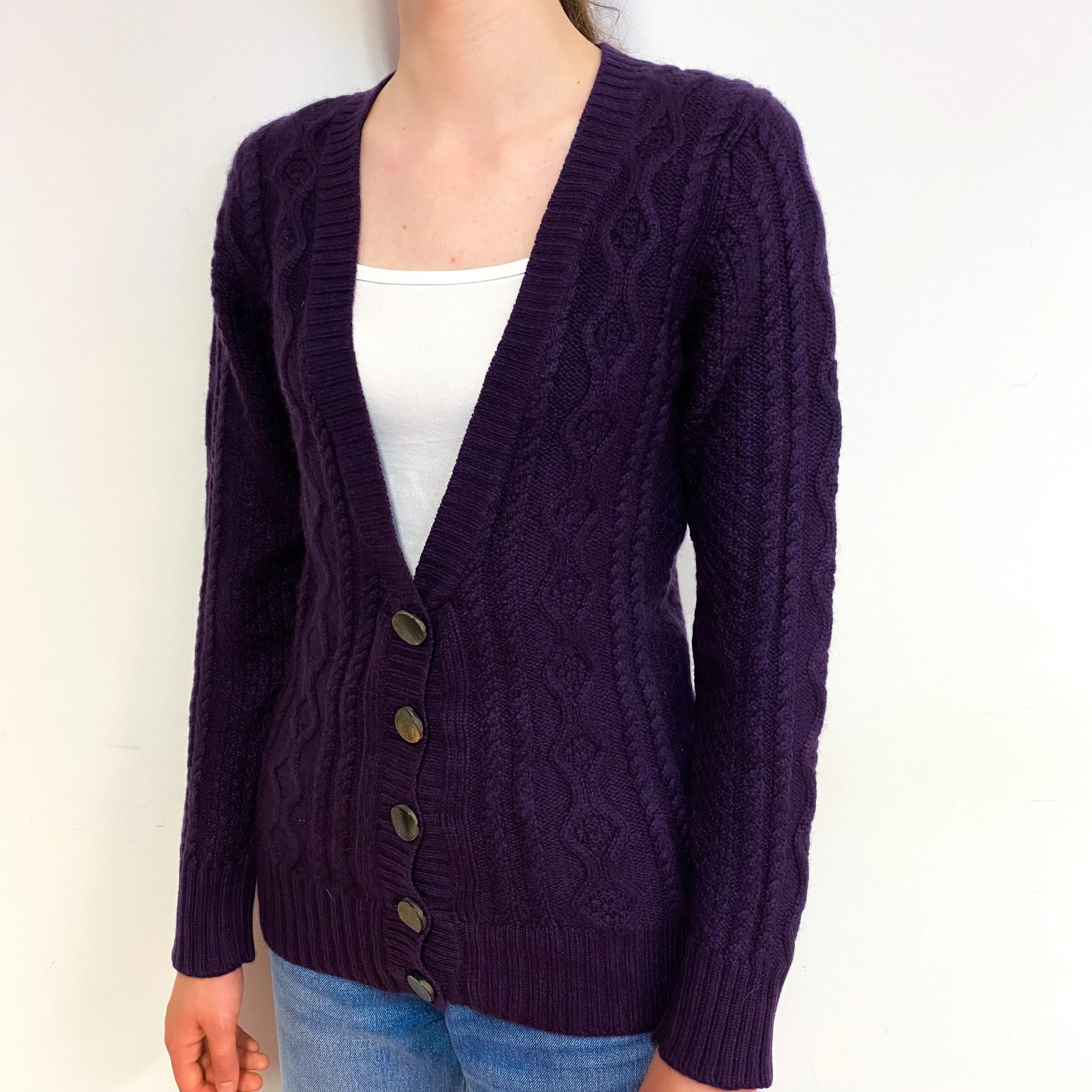 Brora Iris Purple Chunky Cashmere V-Neck Cardigan Extra Small