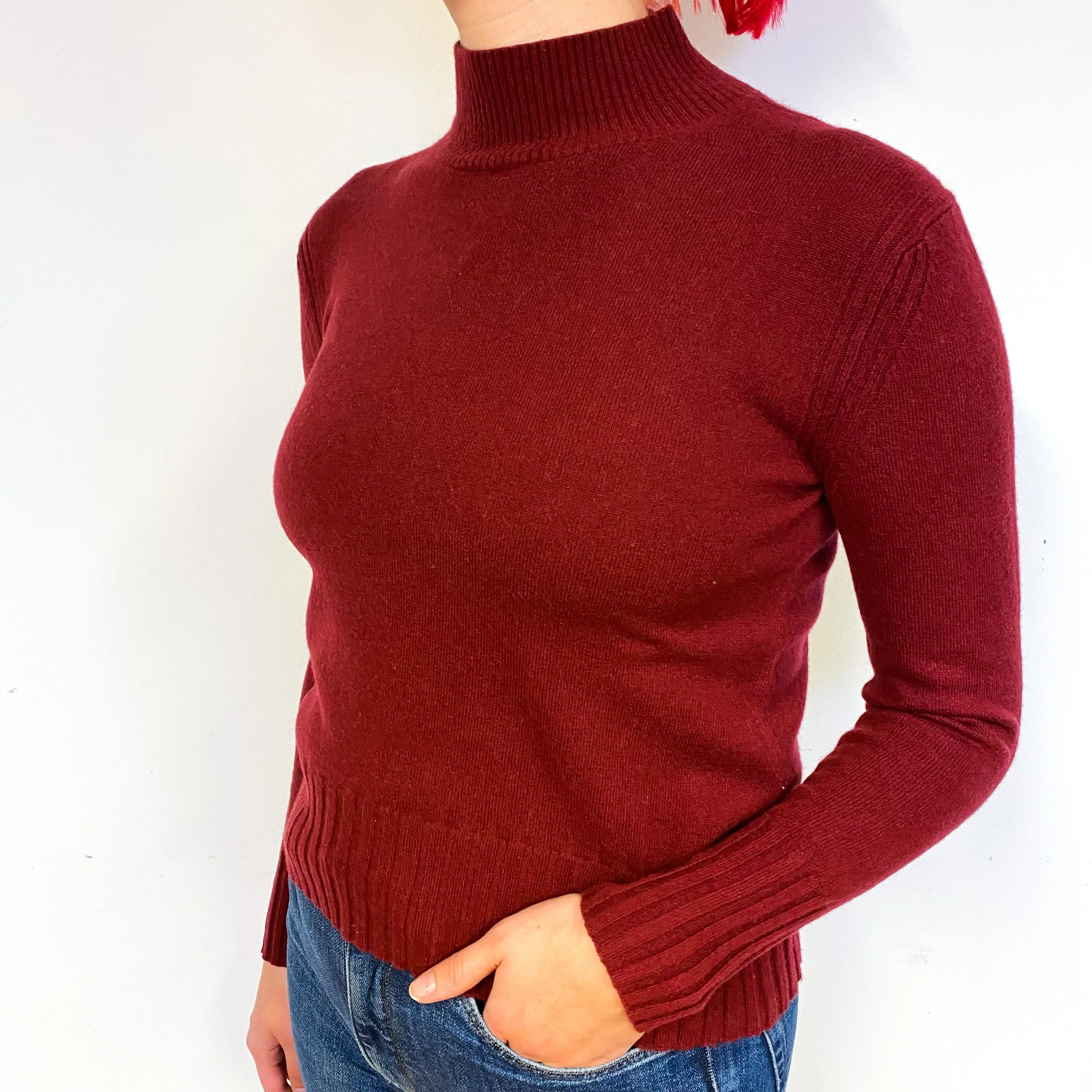 Burgundy Red Cashmere Turtle Neck Jumper Small