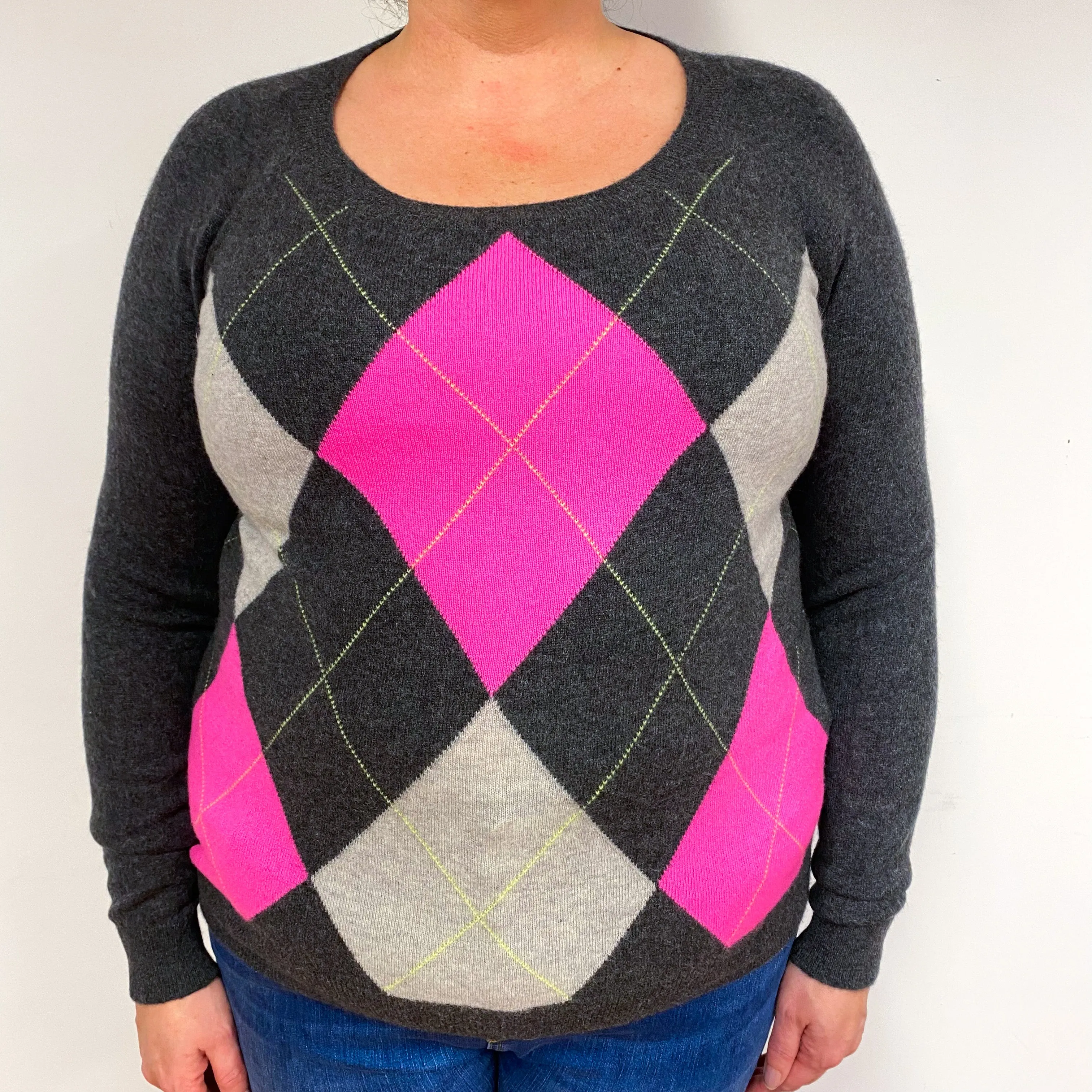 Charcoal Grey Diamond Cashmere Crew Neck Jumper Extra Large