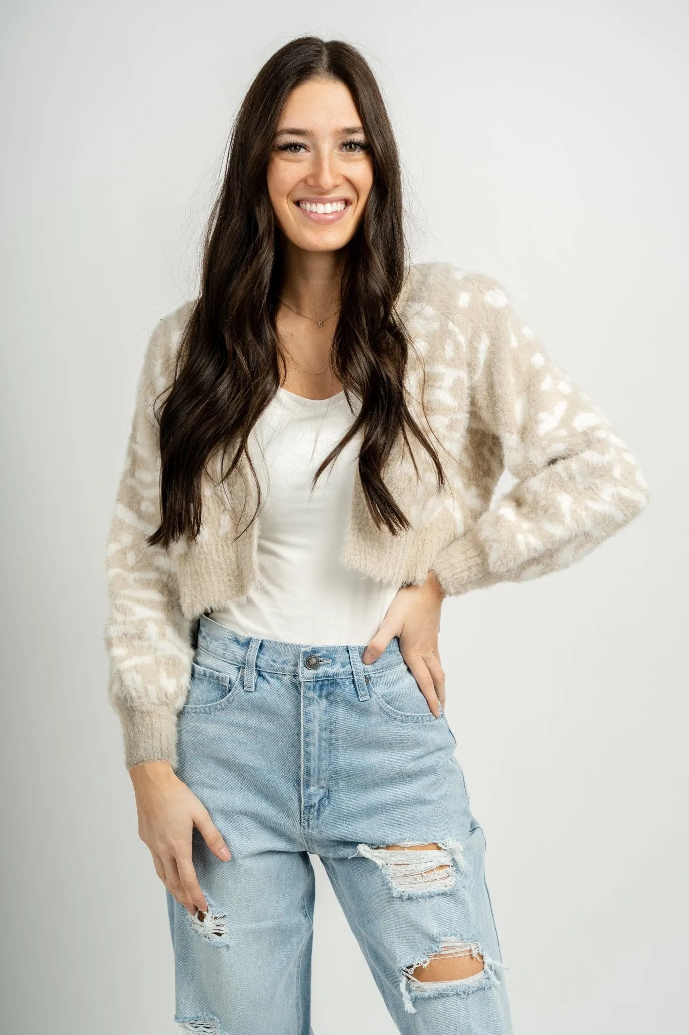 Checkered animal fuzzy cardigan taupe