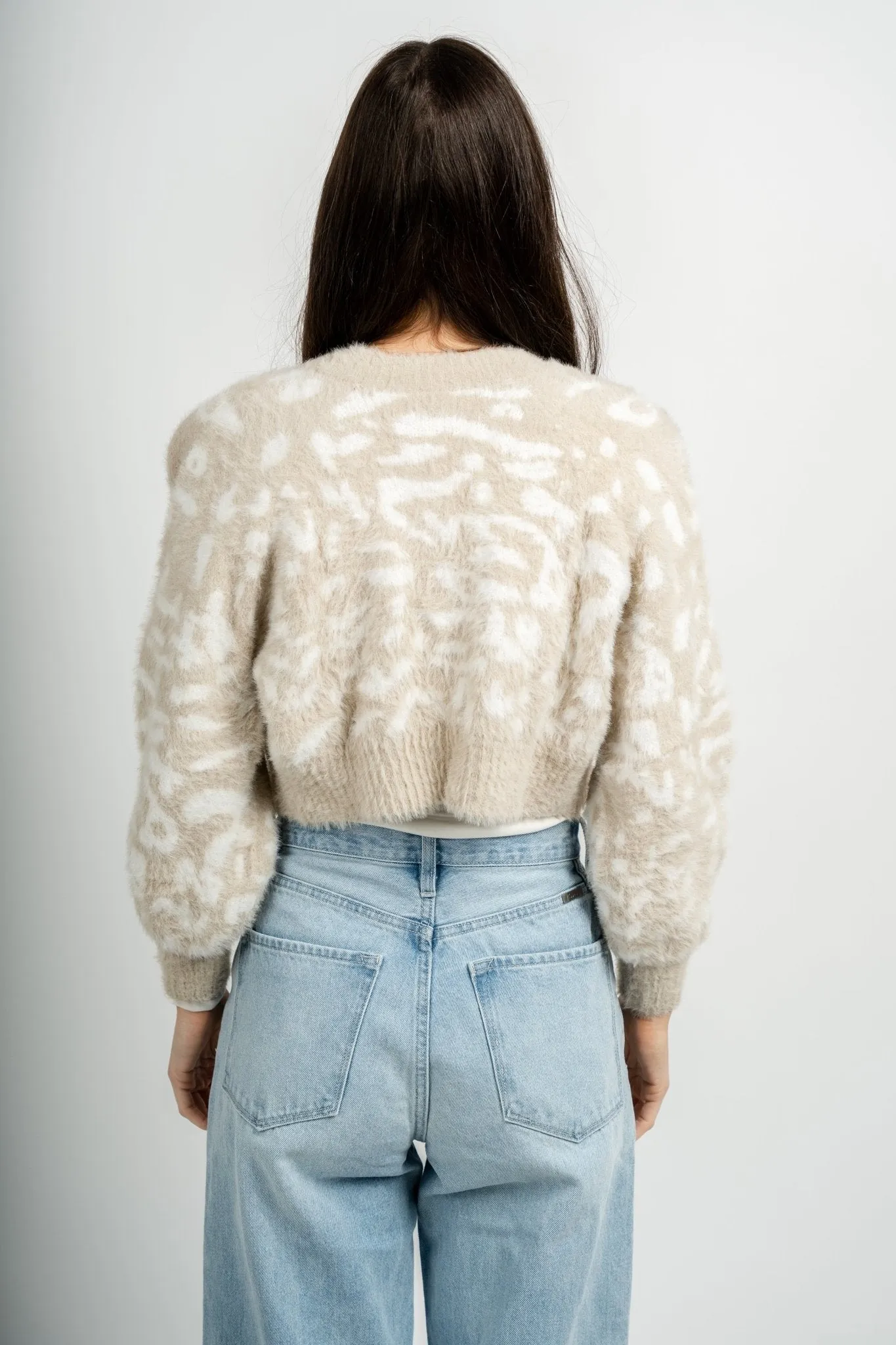 Checkered animal fuzzy cardigan taupe
