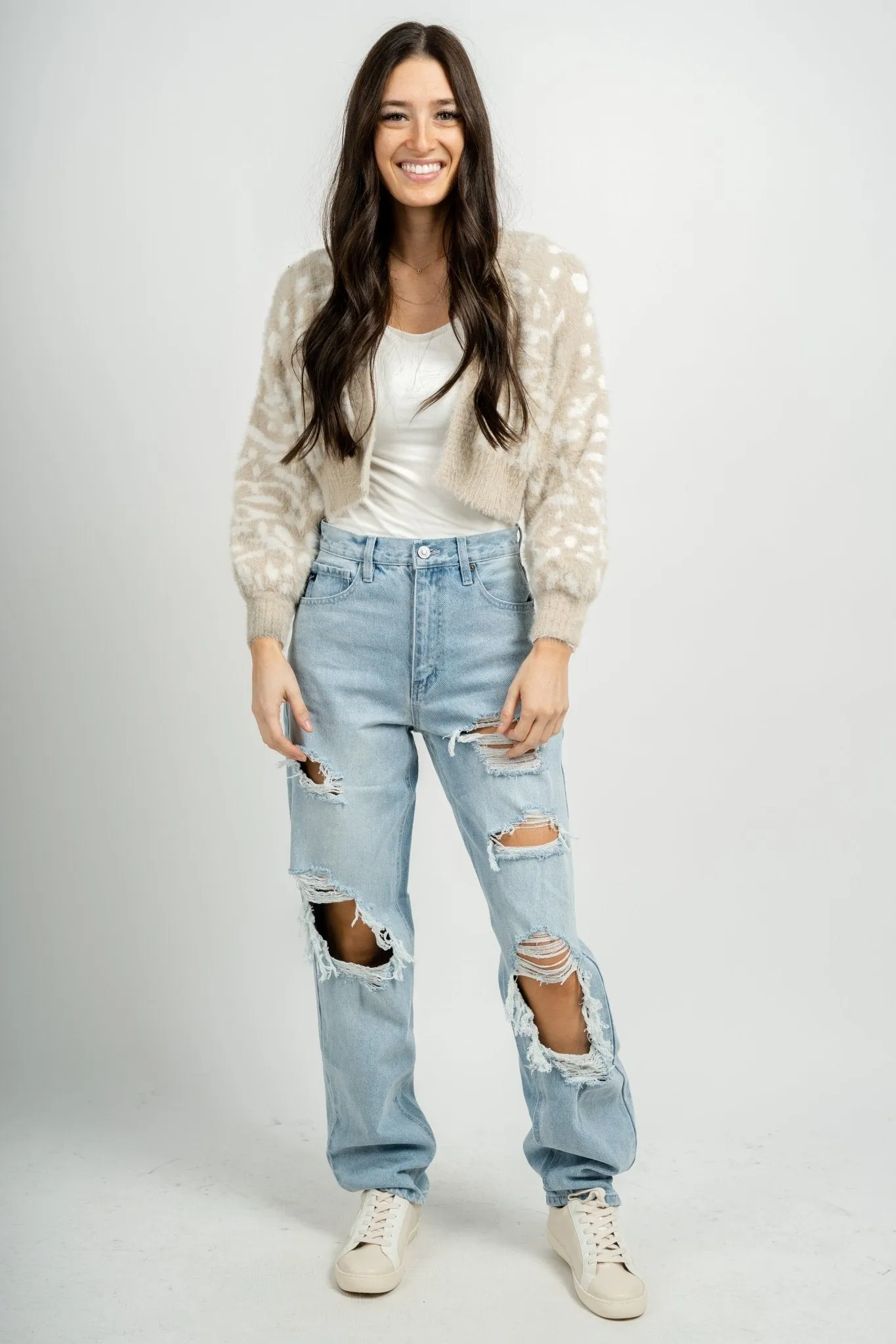 Checkered animal fuzzy cardigan taupe