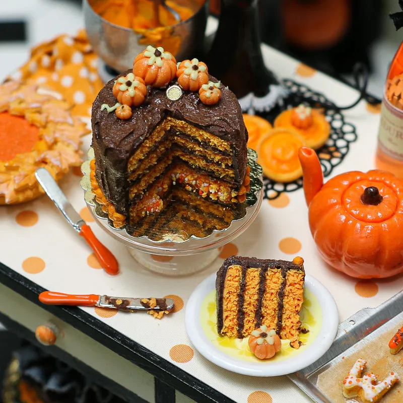 Chocolate Autumn Layer Cake with Slice on Plate - Miniature Food
