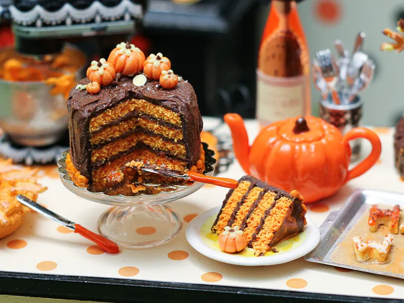 Chocolate Autumn Layer Cake with Slice on Plate - Miniature Food