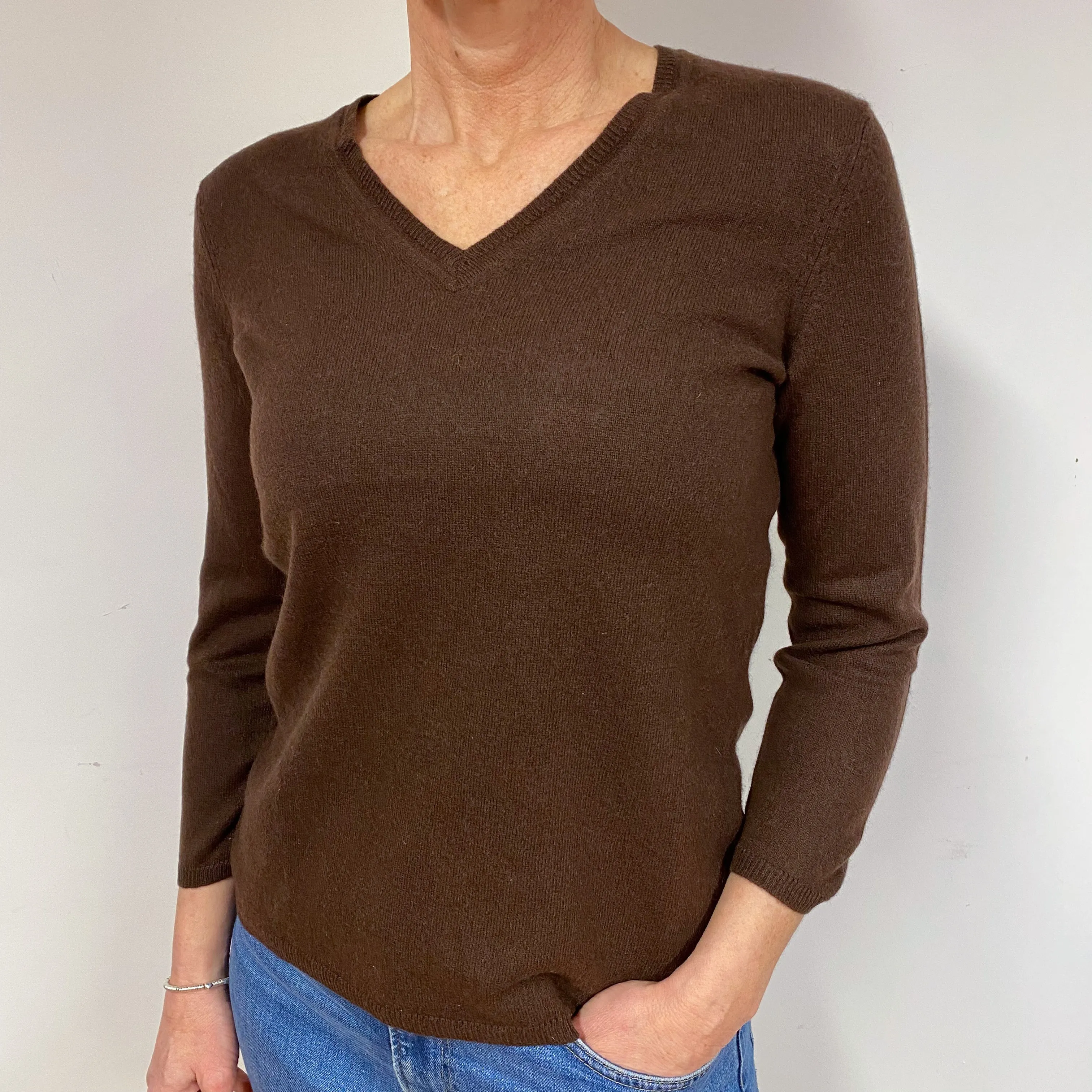 Chocolate Brown Cashmere V-Neck Jumper Medium/Petite