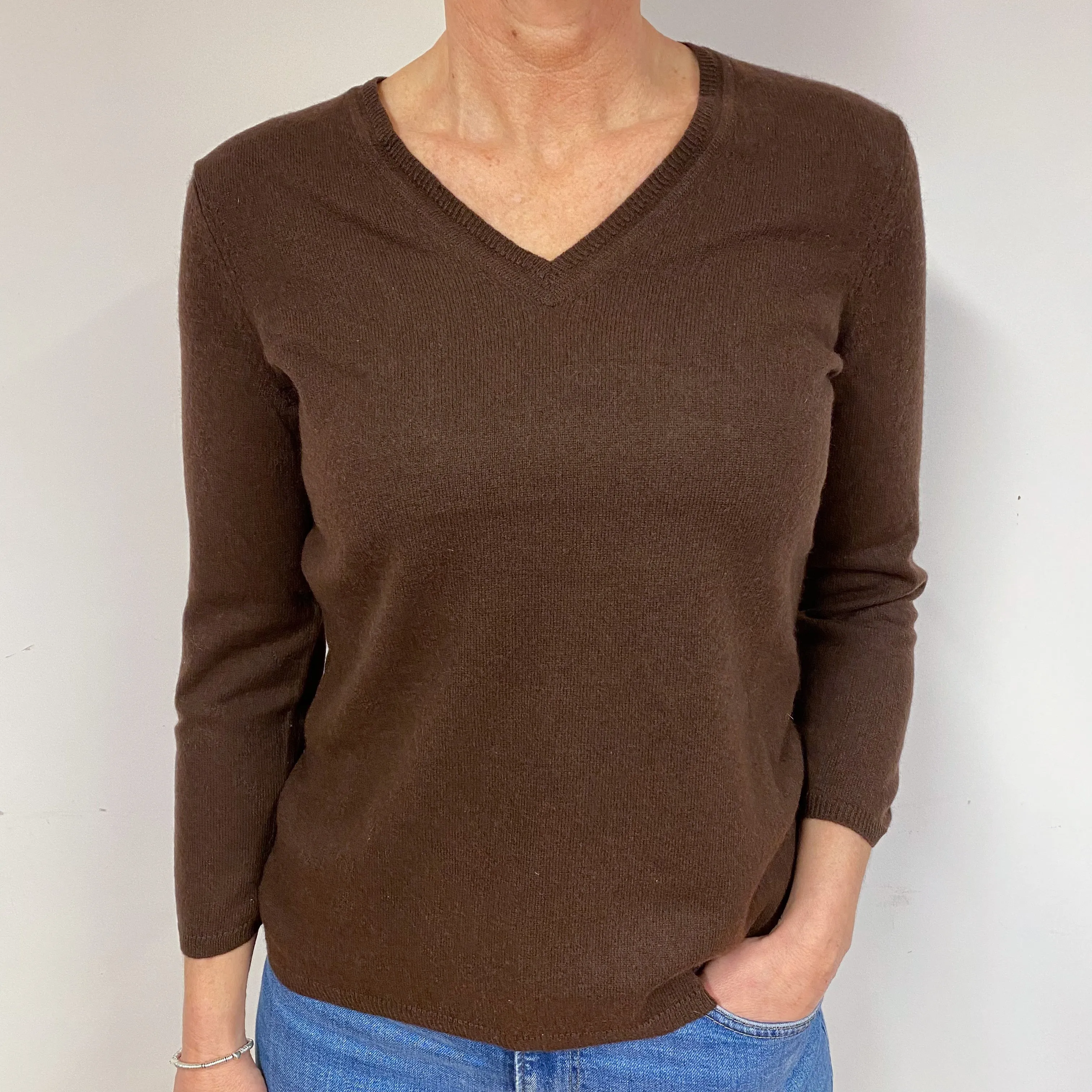 Chocolate Brown Cashmere V-Neck Jumper Medium/Petite
