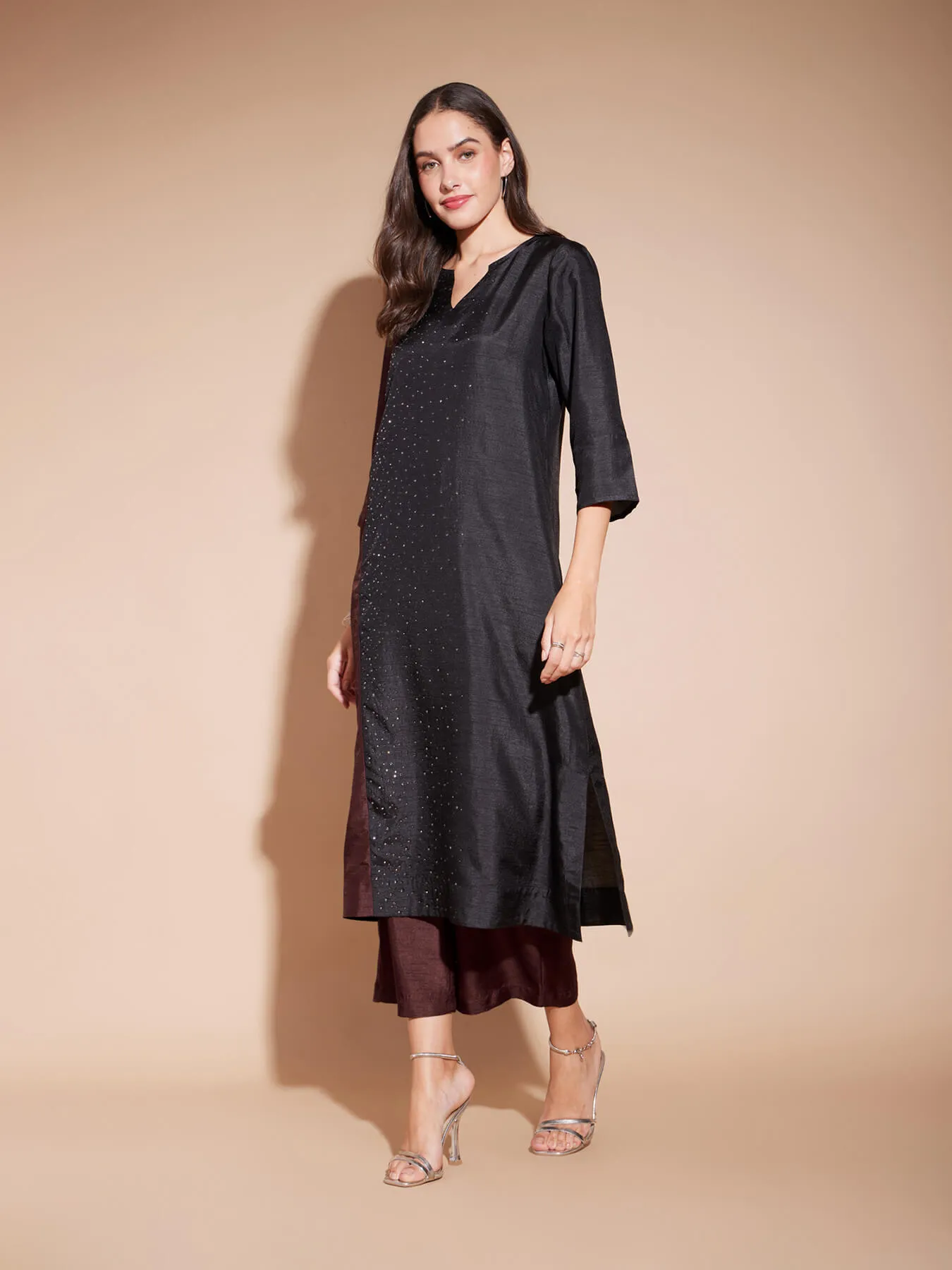 Colourblock Straight Kurta Set - Black & Maroon