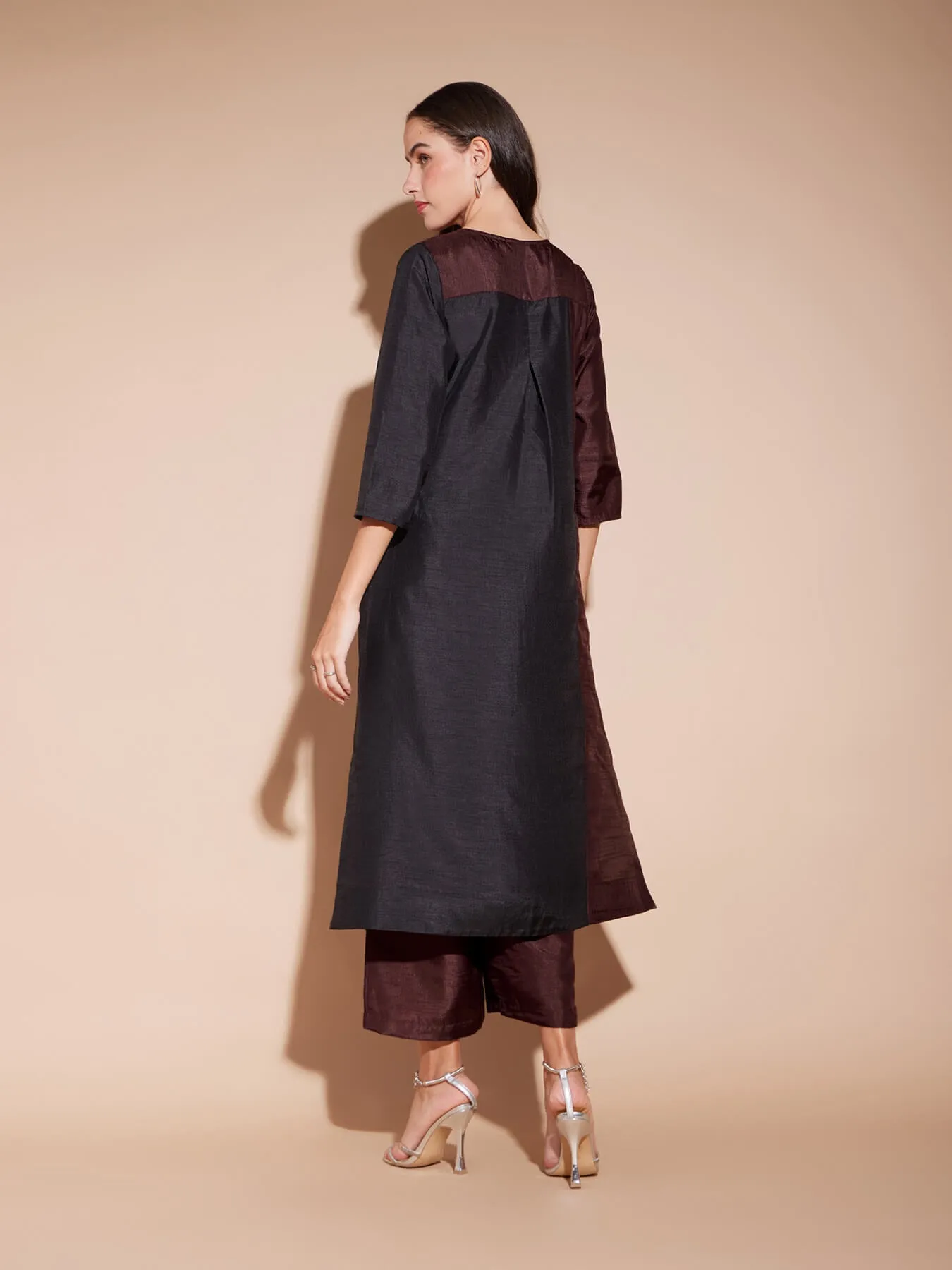 Colourblock Straight Kurta Set - Black & Maroon