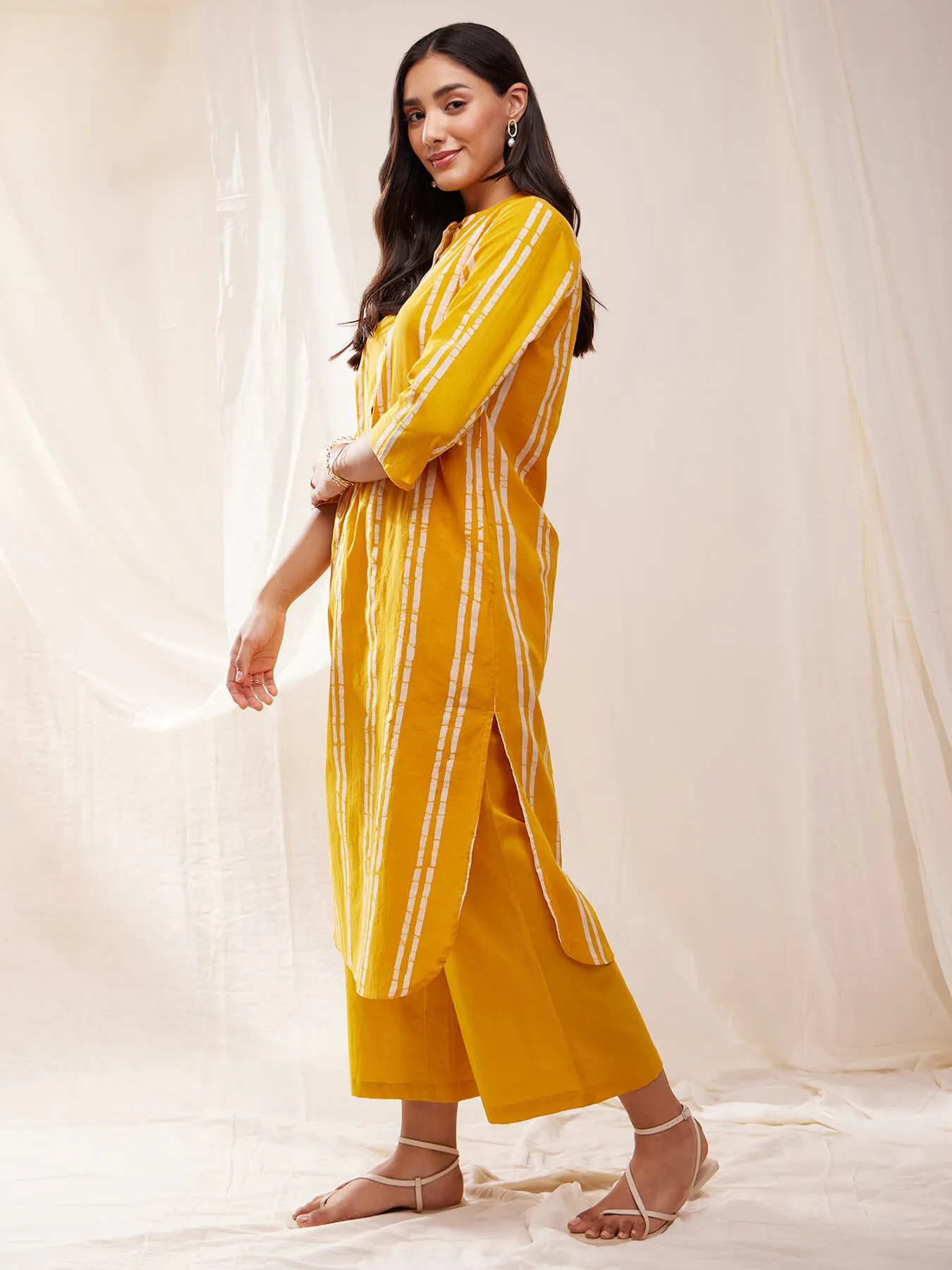 Cotton Dabu Handblock Striped Kurta Set - Yellow
