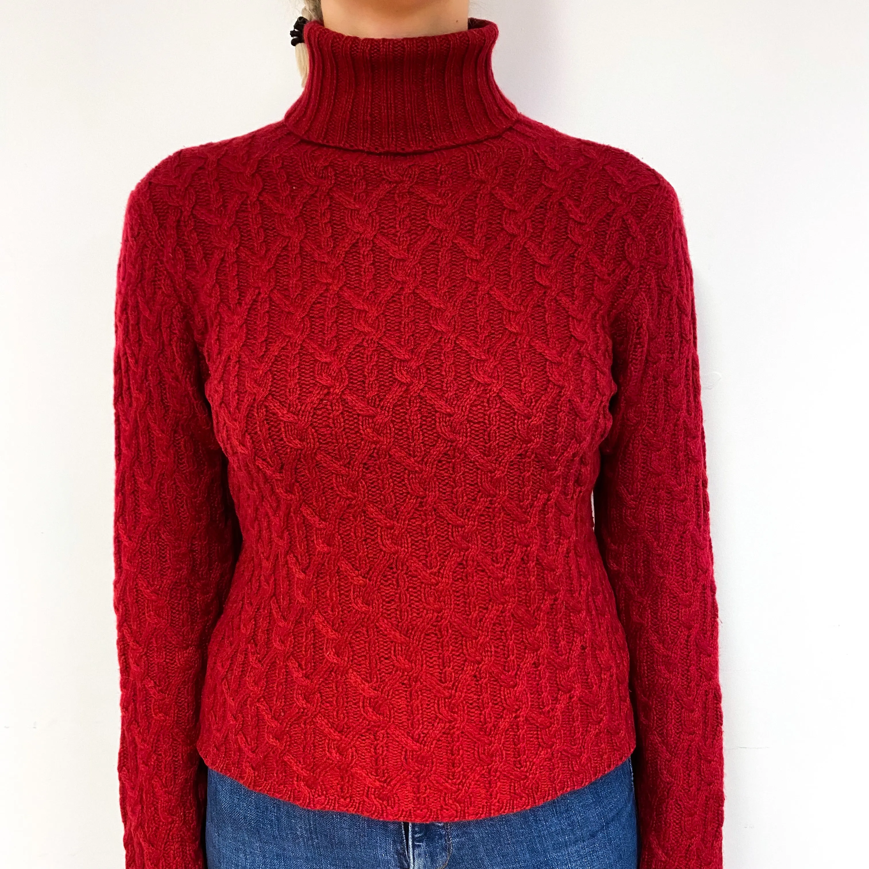Crimson Red Chunky Cable Cashmere Polo Neck Jumper Small