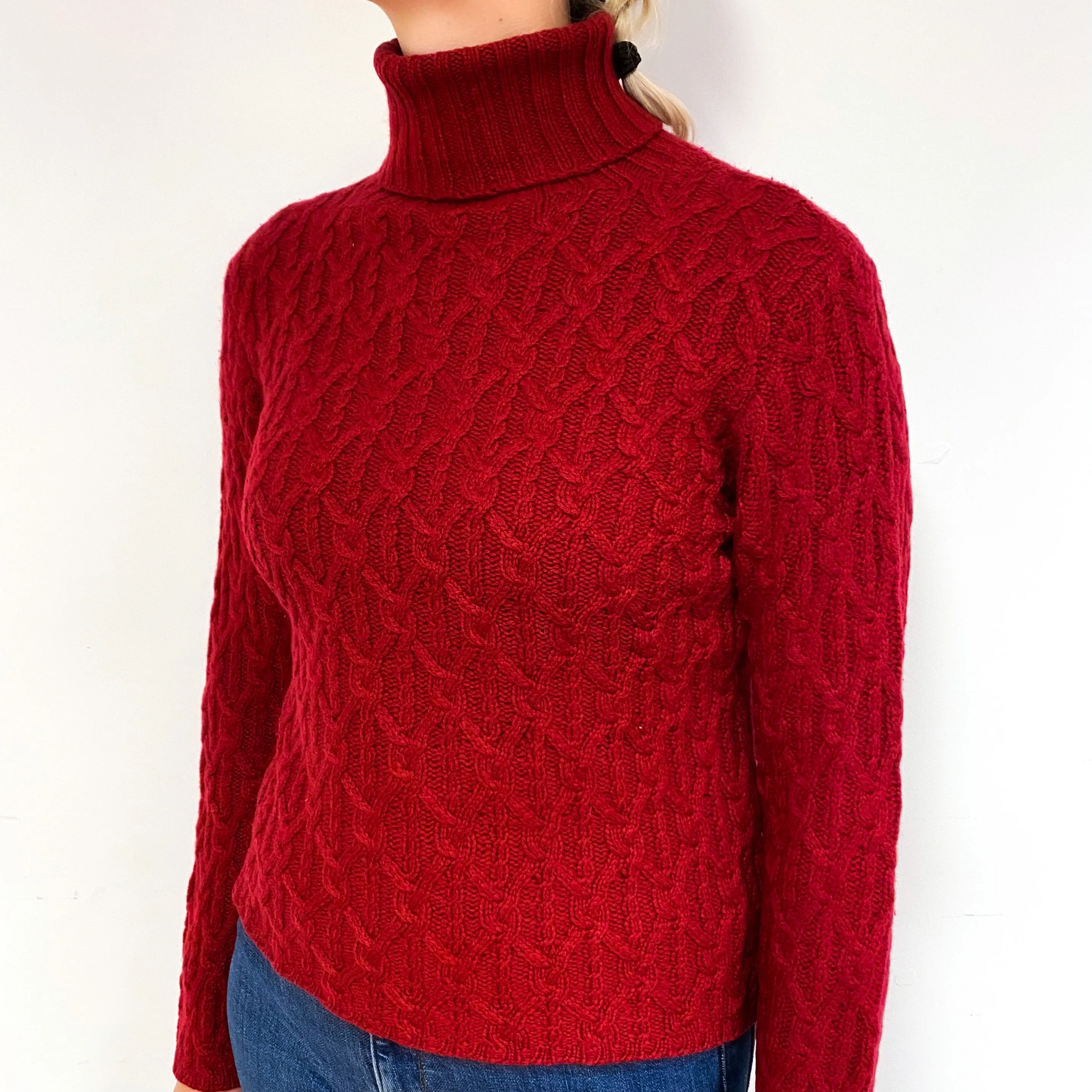 Crimson Red Chunky Cable Cashmere Polo Neck Jumper Small
