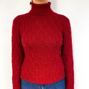 Crimson Red Chunky Cable Cashmere Polo Neck Jumper Small